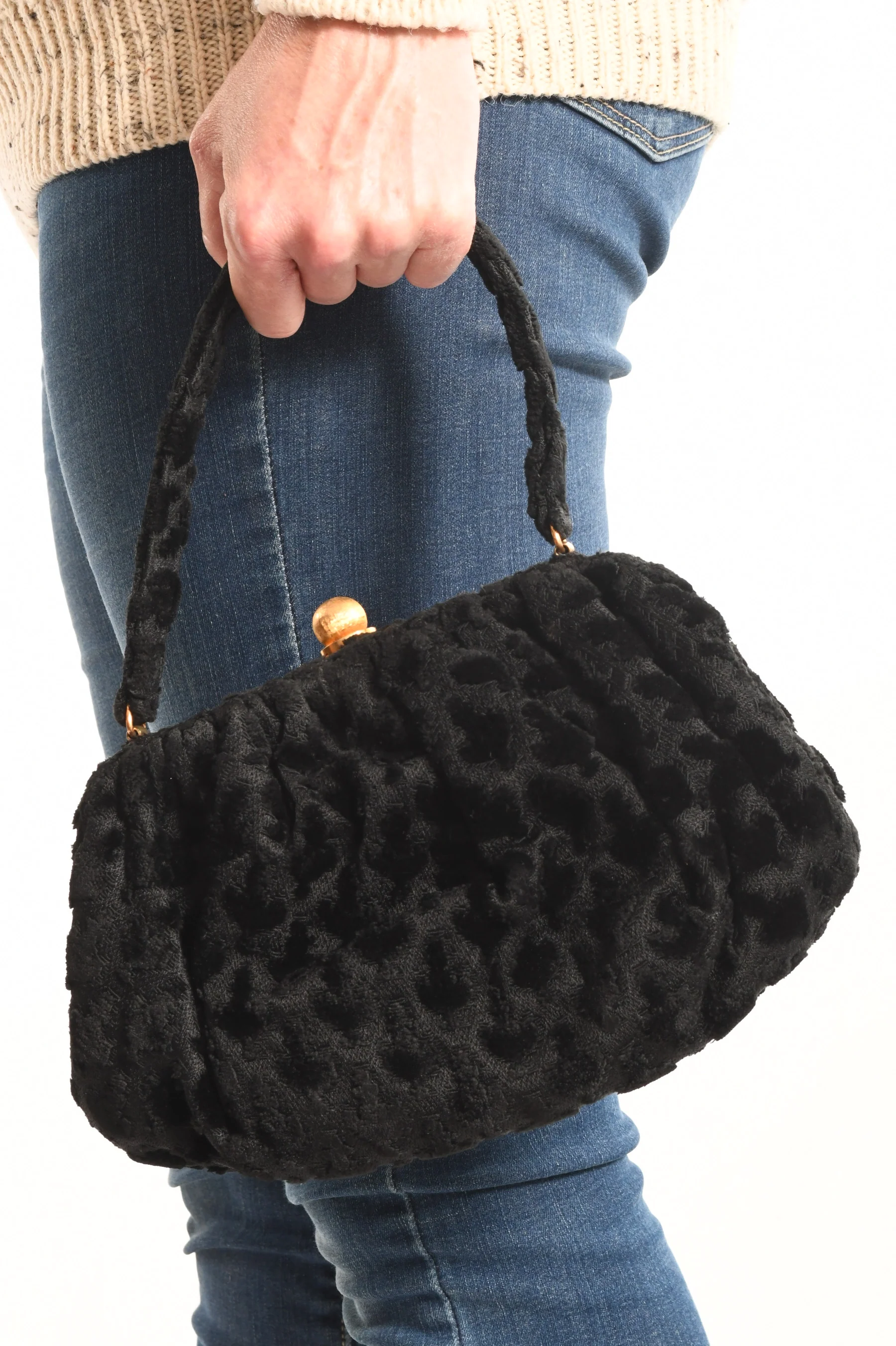 50s Black Cut Velvet Carpetbag Cocktail Purse - Image 4
