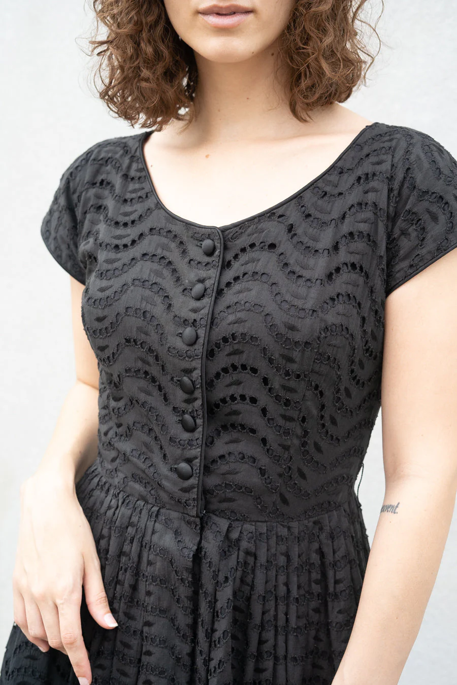 50s Black Eyelet Dress - Image 3