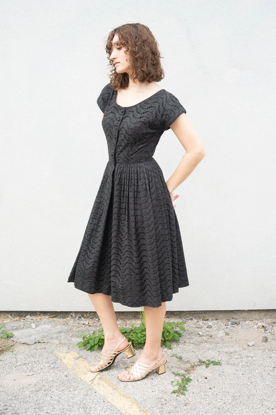 50s Black Eyelet Dress - Image 4