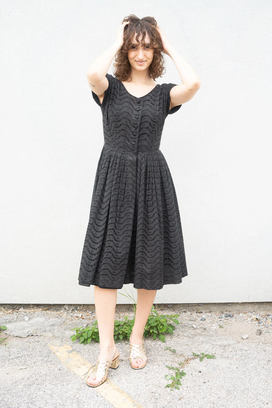 50s Black Eyelet Dress - Image 9
