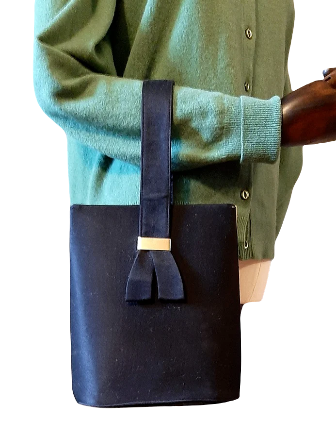 50s Black Fabric Tall Slim Handbag Top Handle Bow - Image 3