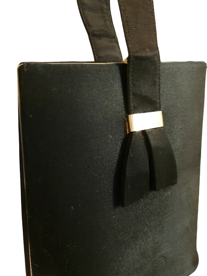 50s Black Fabric Tall Slim Handbag Top Handle Bow - Image 4