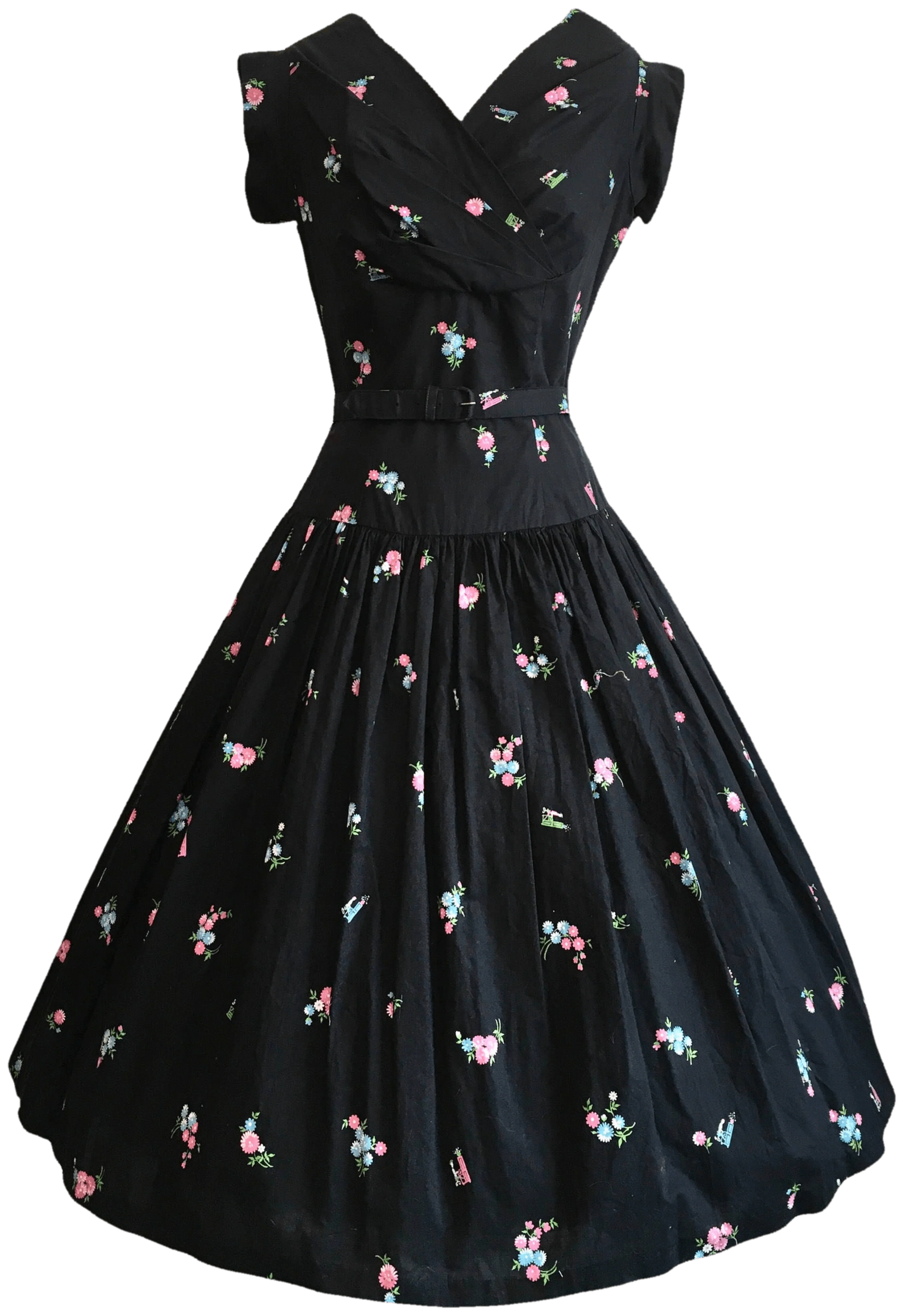 50's Black Floral and Pianist Print Drop Waist Dress