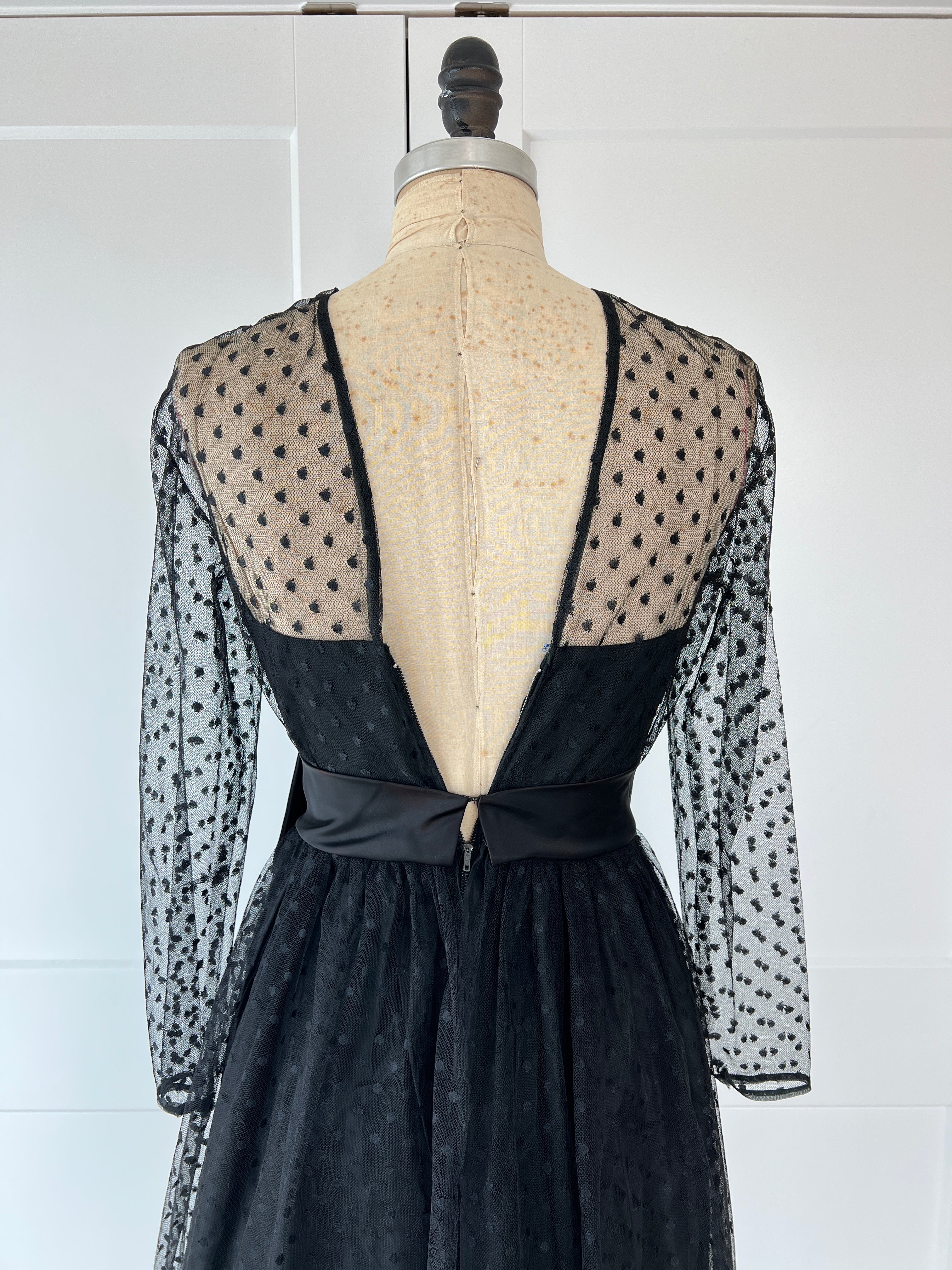 50s Black Mesh And Taffeta Fit And Flare Dress - Image 3