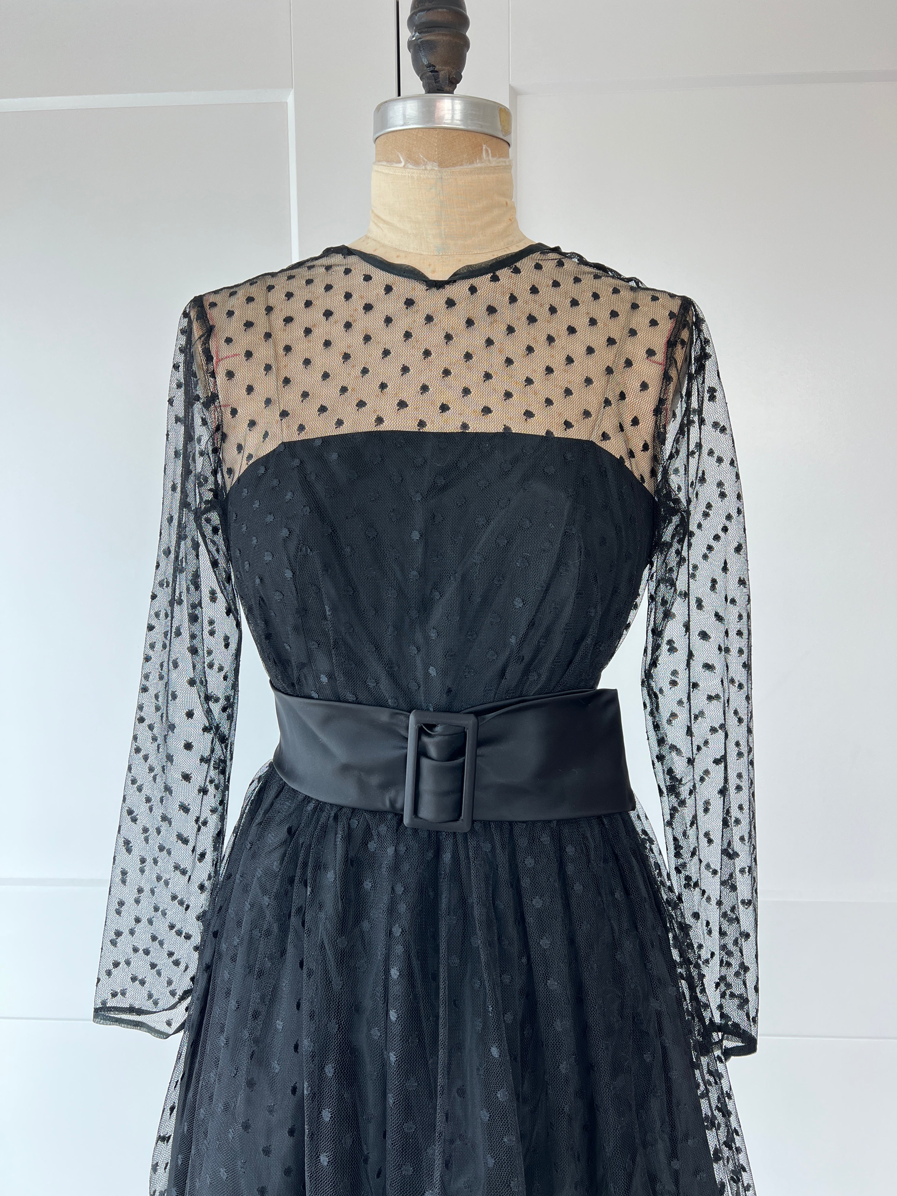 50s Black Mesh And Taffeta Fit And Flare Dress - Image 6
