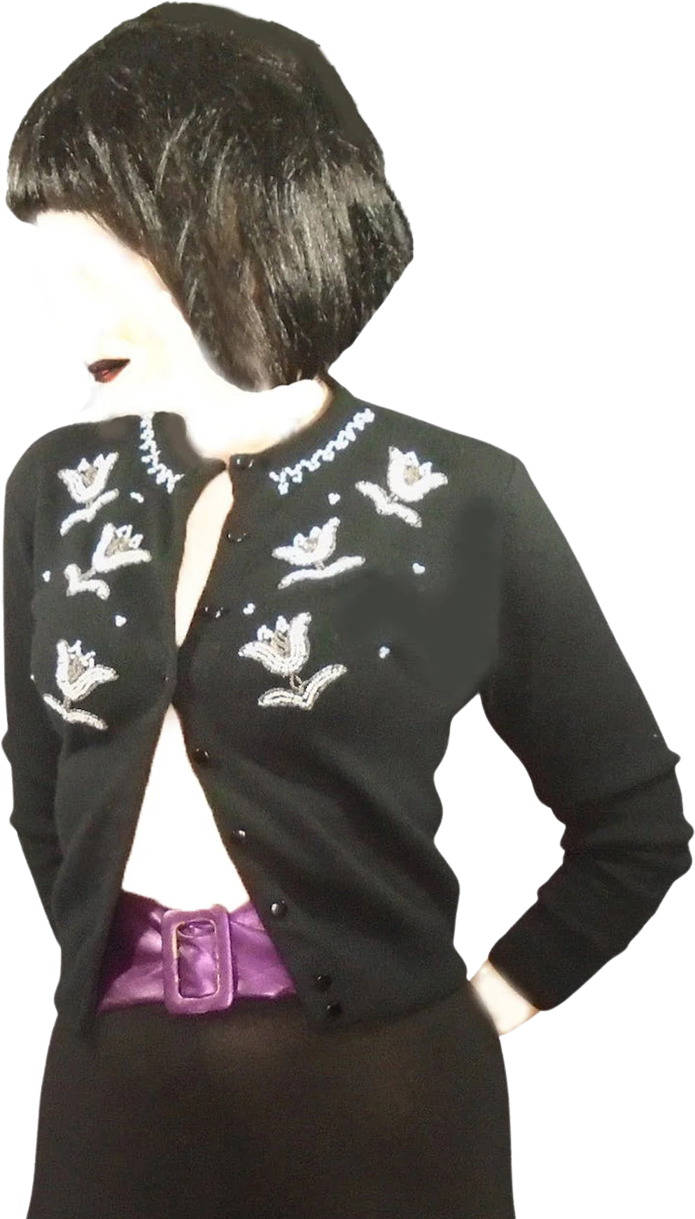 50s Black Orlon Beaded Cardigan Sweater- Tulip Flowers By Monrose