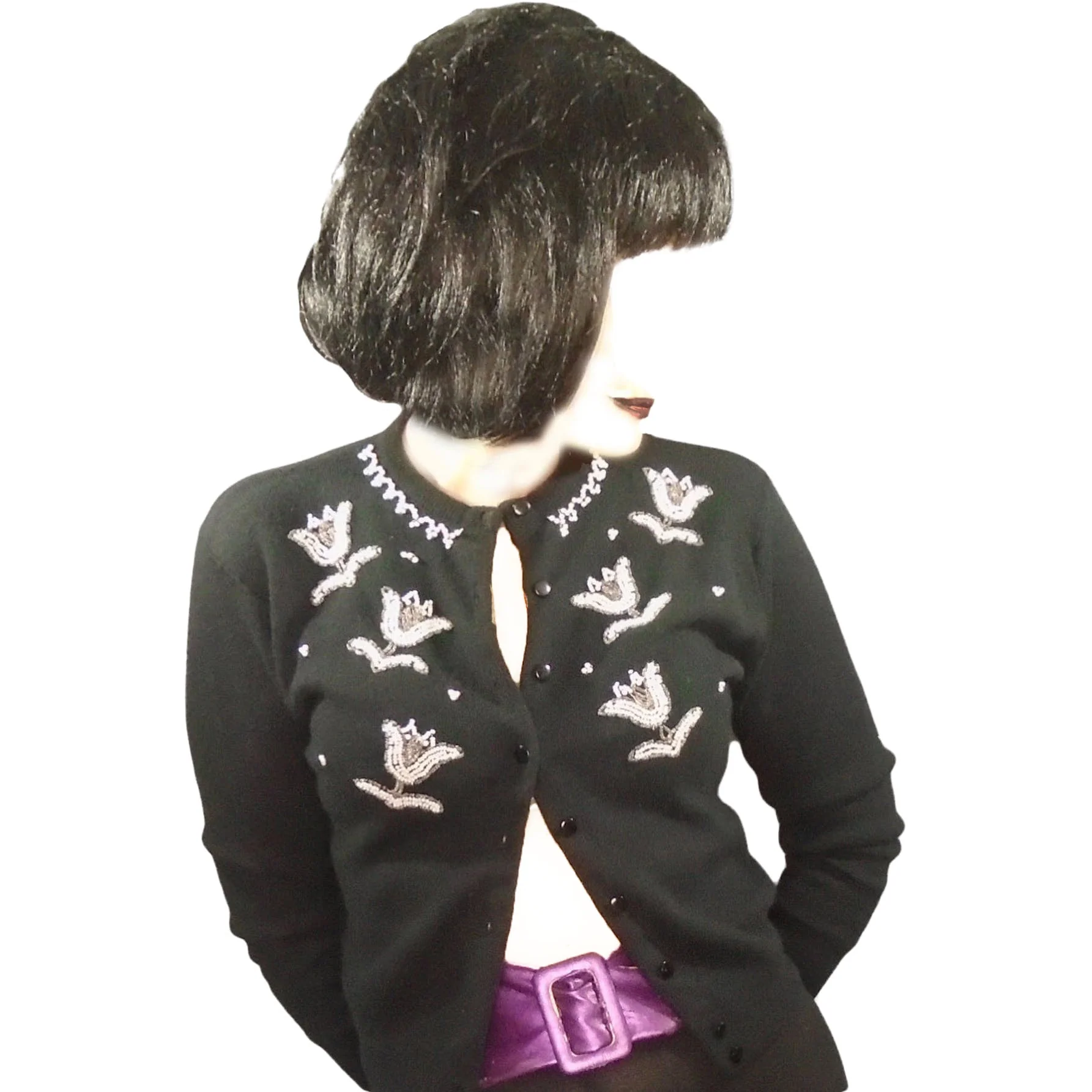 50s Black Orlon Beaded Cardigan Sweater- Tulip Flowers By Monrose - Image 3