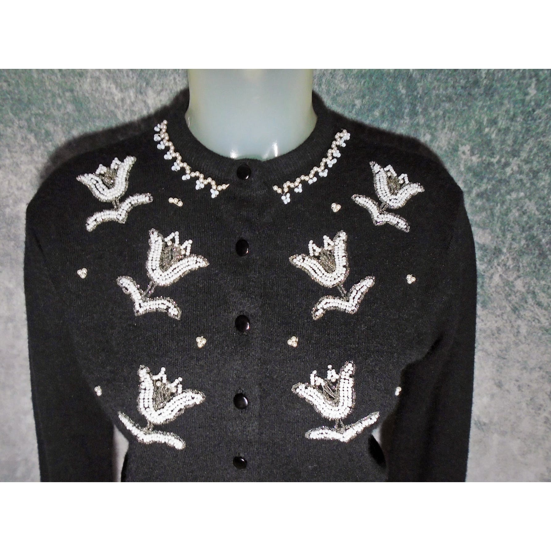 50s Black Orlon Beaded Cardigan Sweater- Tulip Flowers By Monrose - Image 6