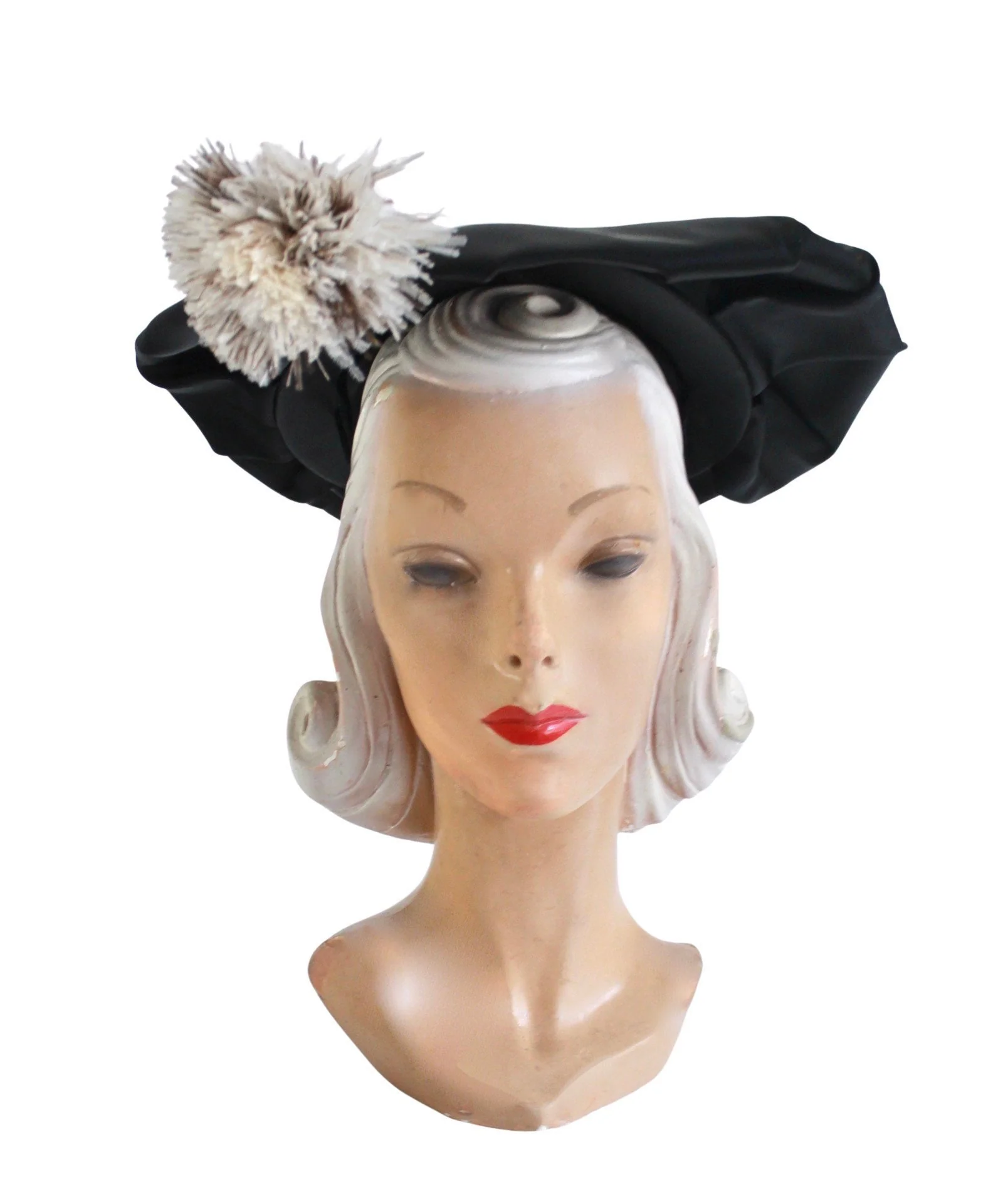 50s Black Satin Dish Hat with Ivory Feather Plume - Image 3