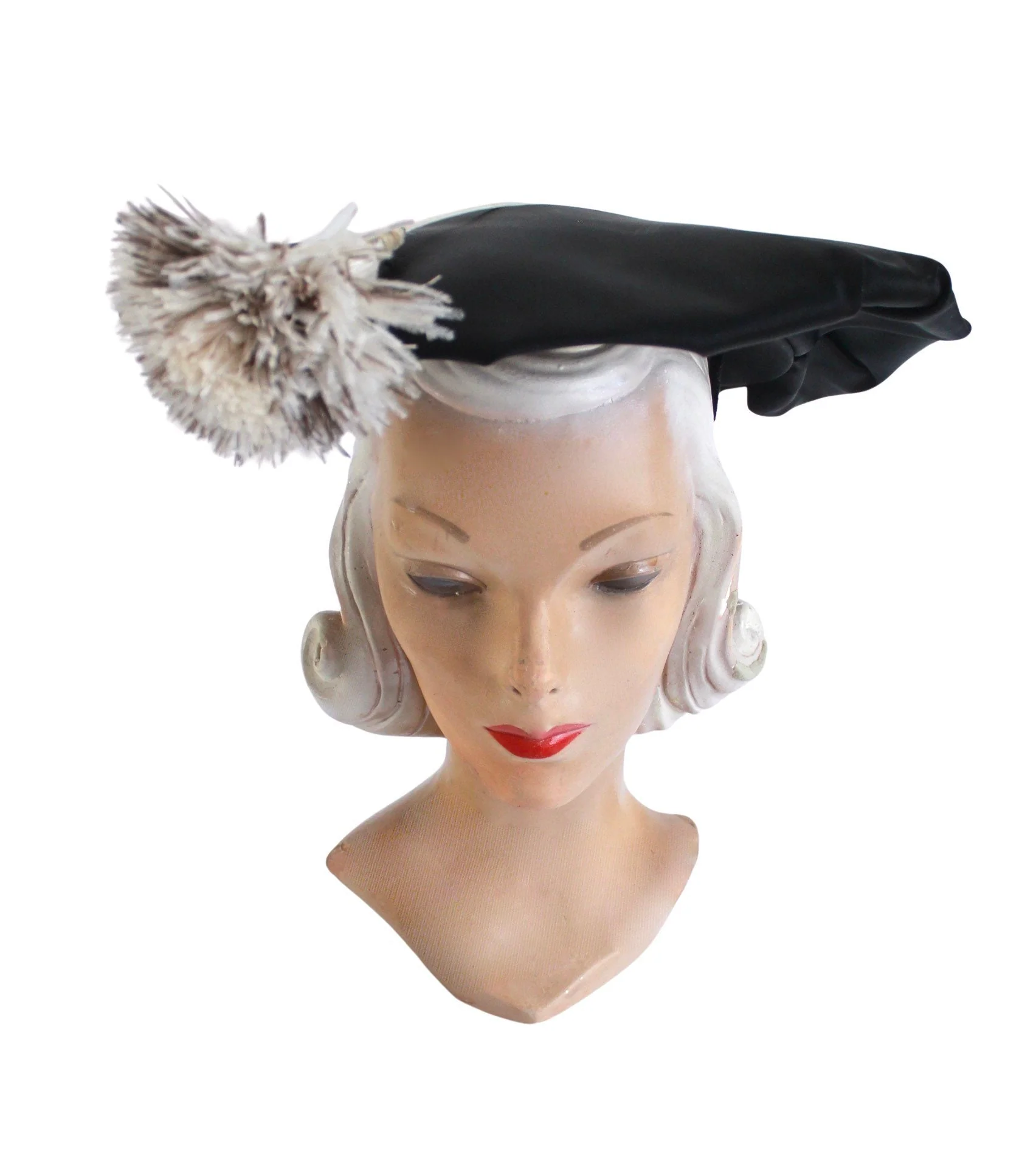 50s Black Satin Dish Hat with Ivory Feather Plume - Image 4