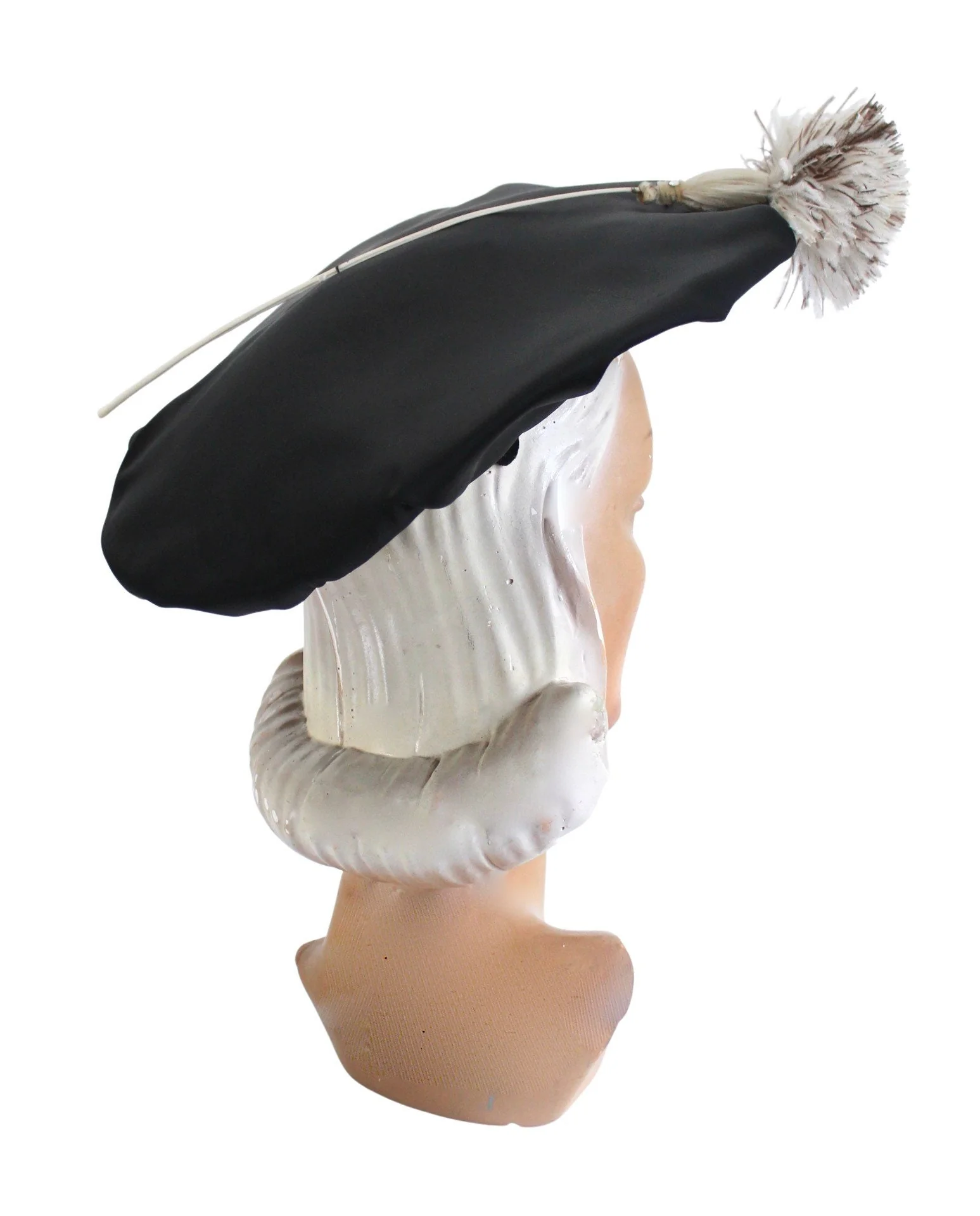 50s Black Satin Dish Hat with Ivory Feather Plume - Image 7