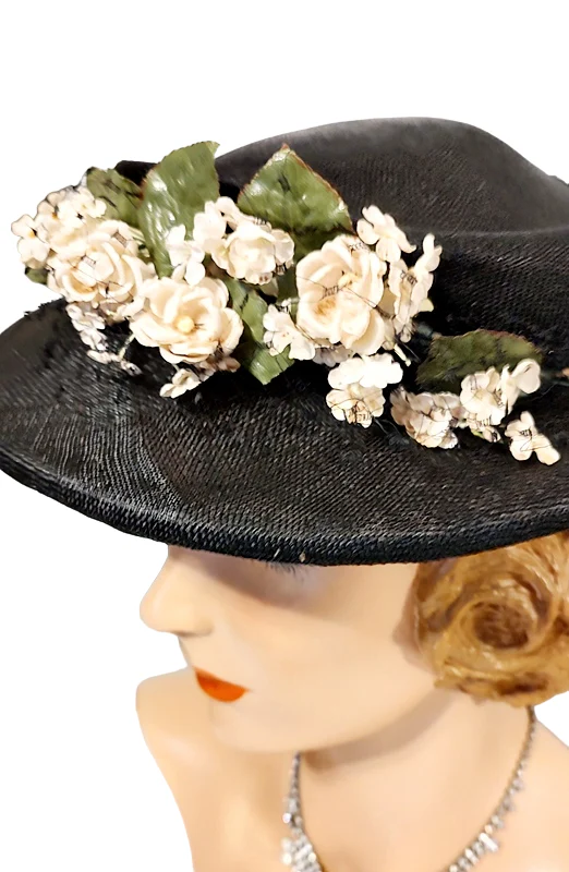 50s Black Straw Brimmed Hat With Off White Flowers - Image 3