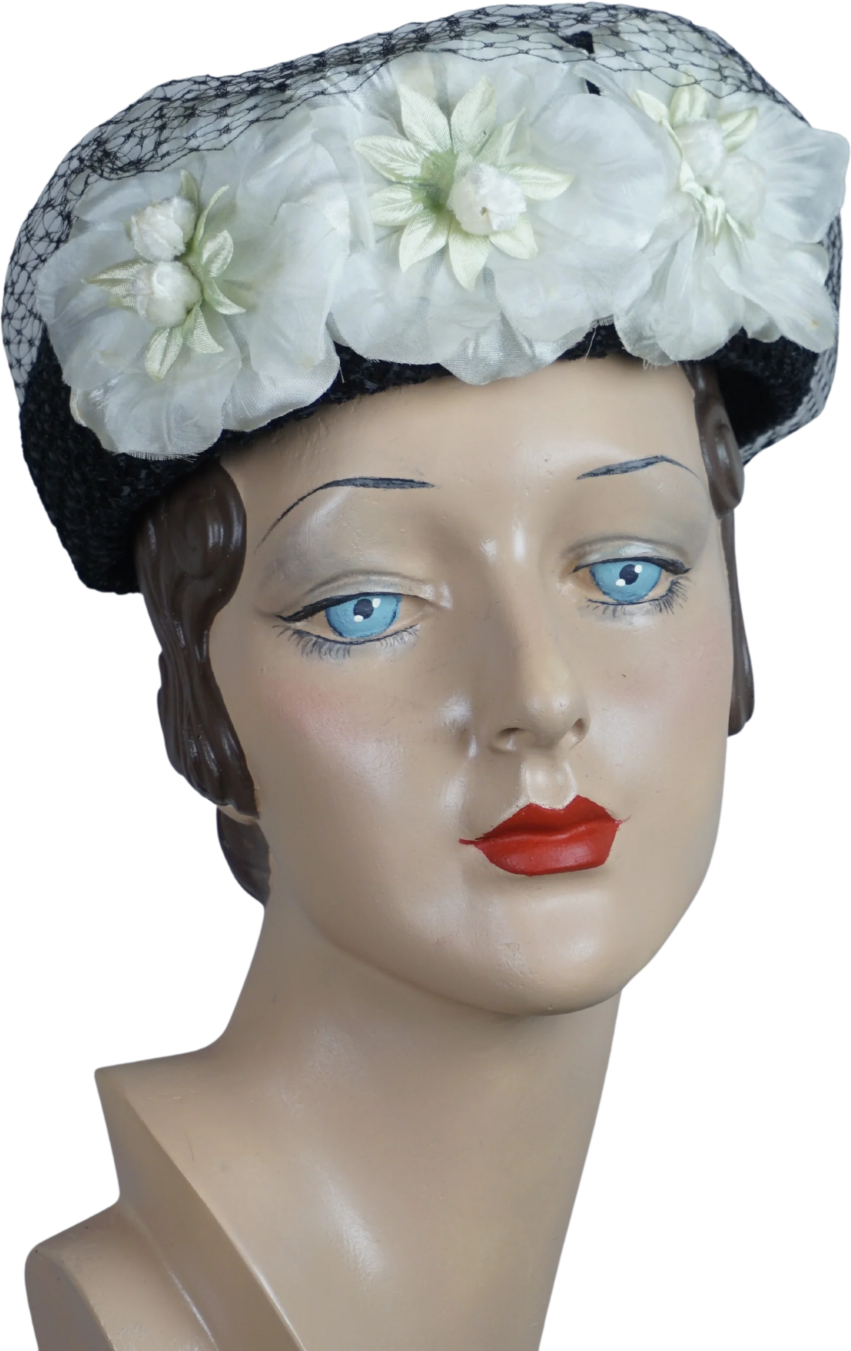 50s Black Straw Pillbox Hat With White Silk Florals