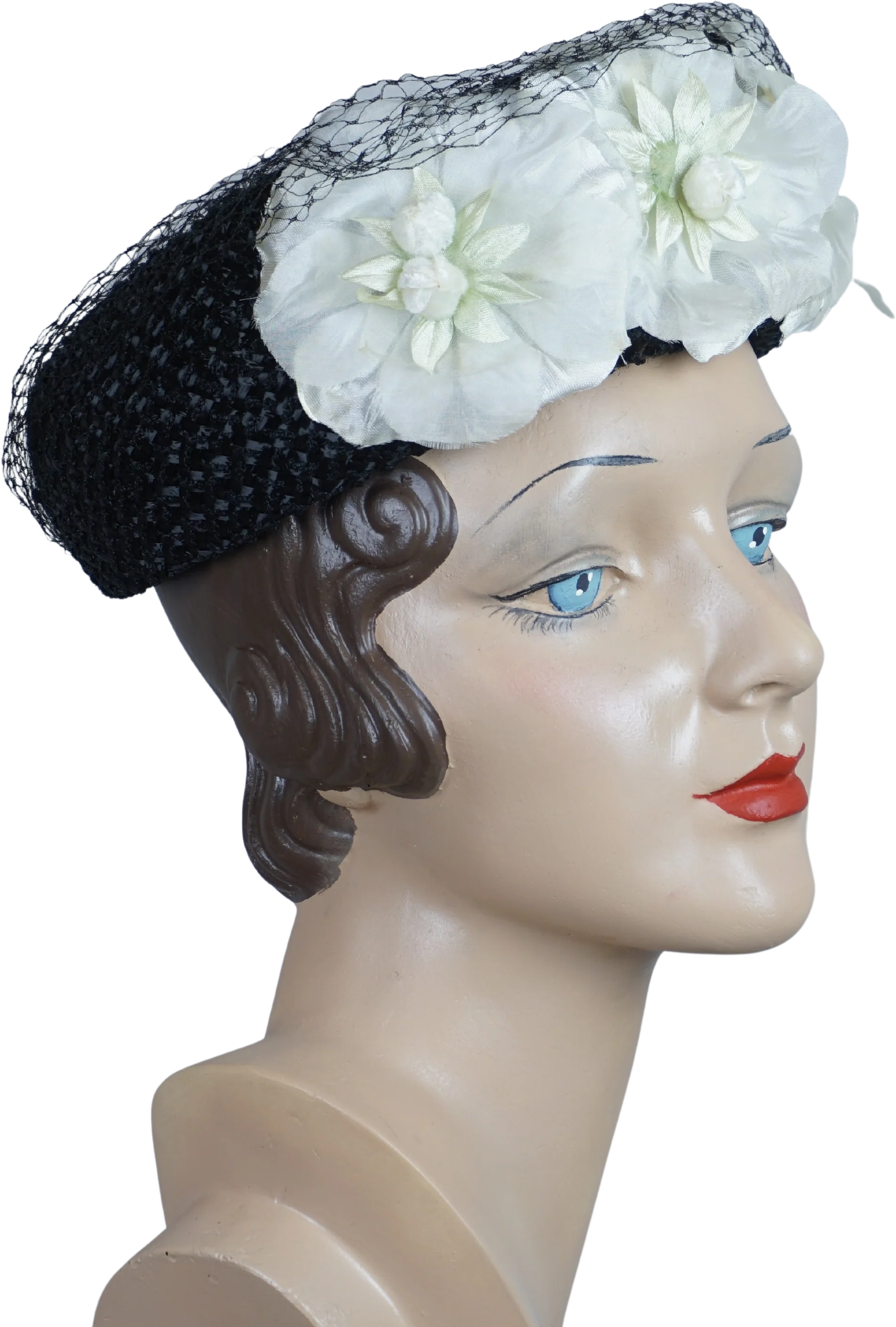 50s Black Straw Pillbox Hat With White Silk Florals - Image 2