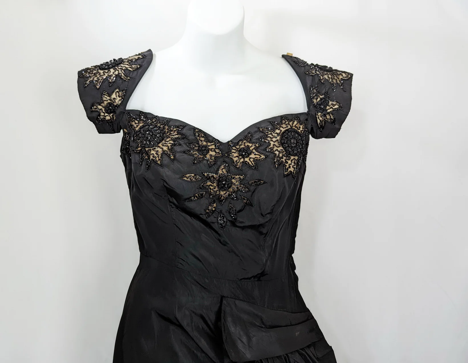 50s Black Taffeta Beaded Gathered Side Dress - Image 3