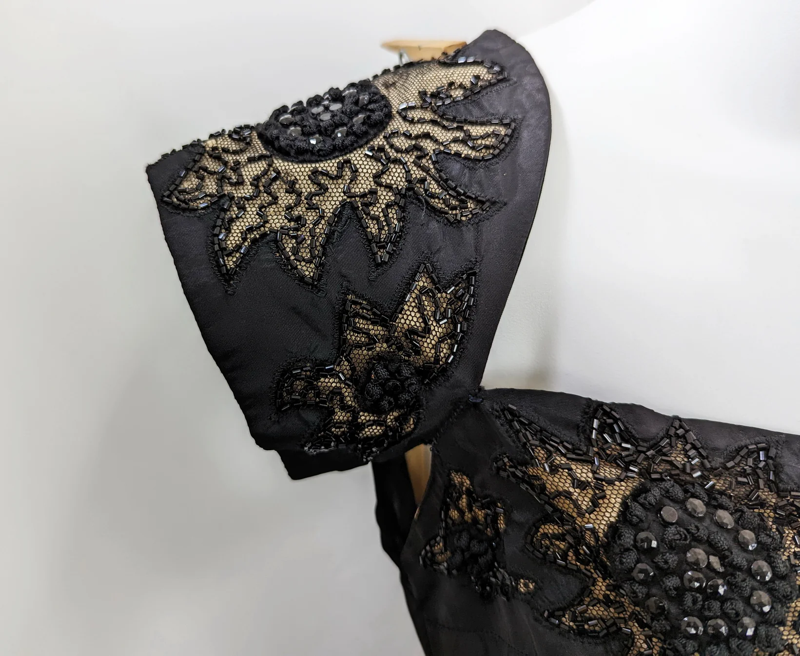 50s Black Taffeta Beaded Gathered Side Dress - Image 4