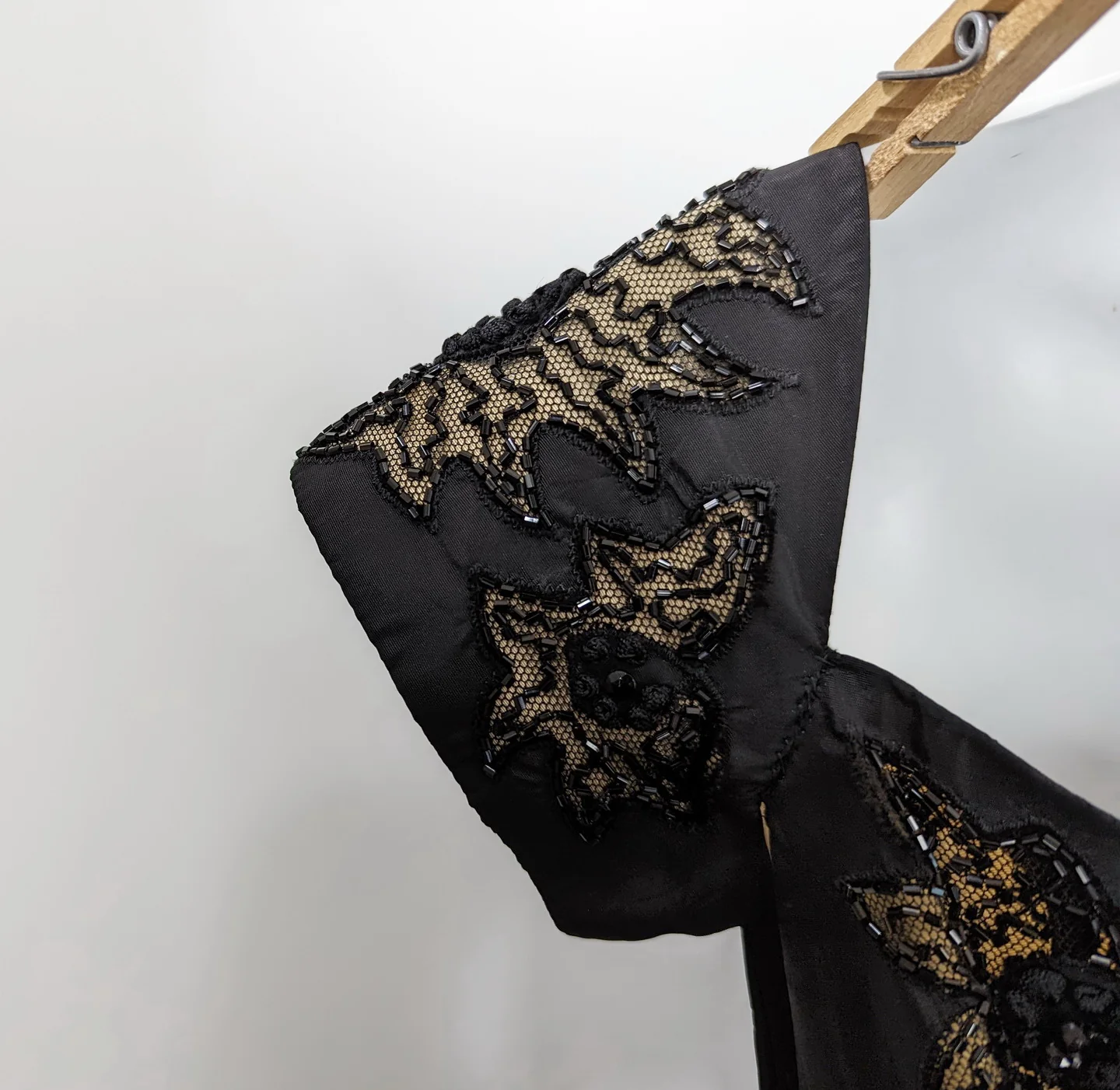 50s Black Taffeta Beaded Gathered Side Dress - Image 9