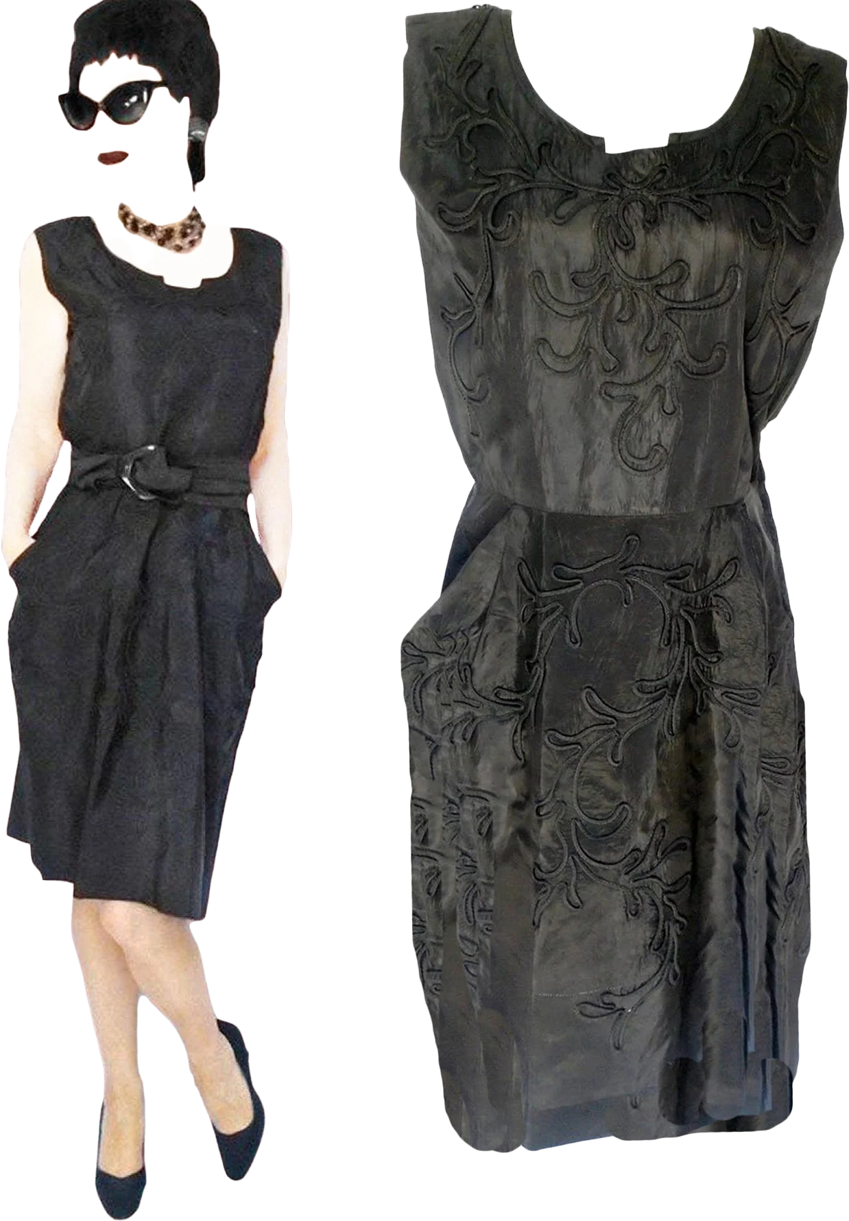 50s Black Taffeta Sheath Dress With Pockets, Swirls! By Polly Brief
