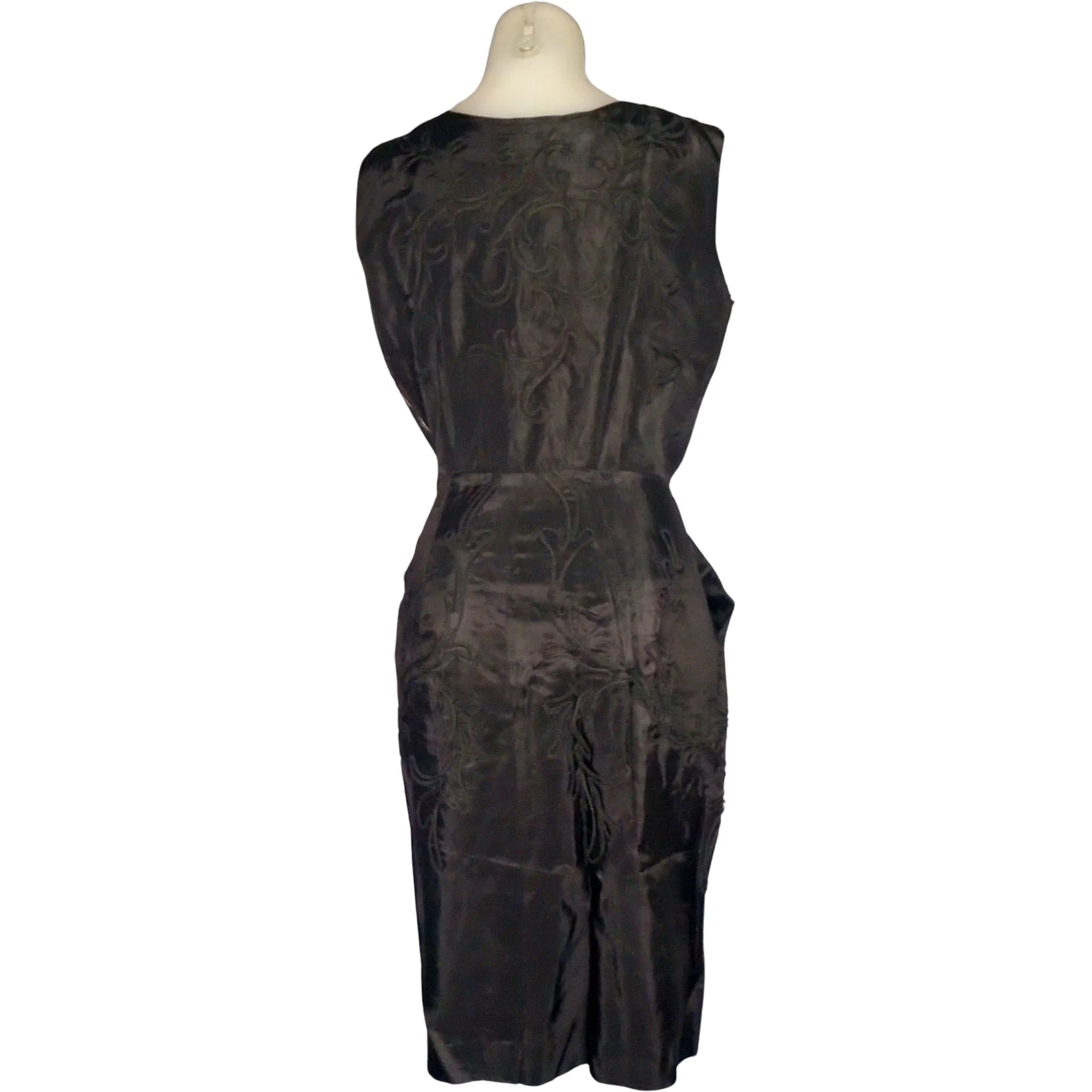 50s Black Taffeta Sheath Dress With Pockets, Swirls! By Polly Brief - Image 2
