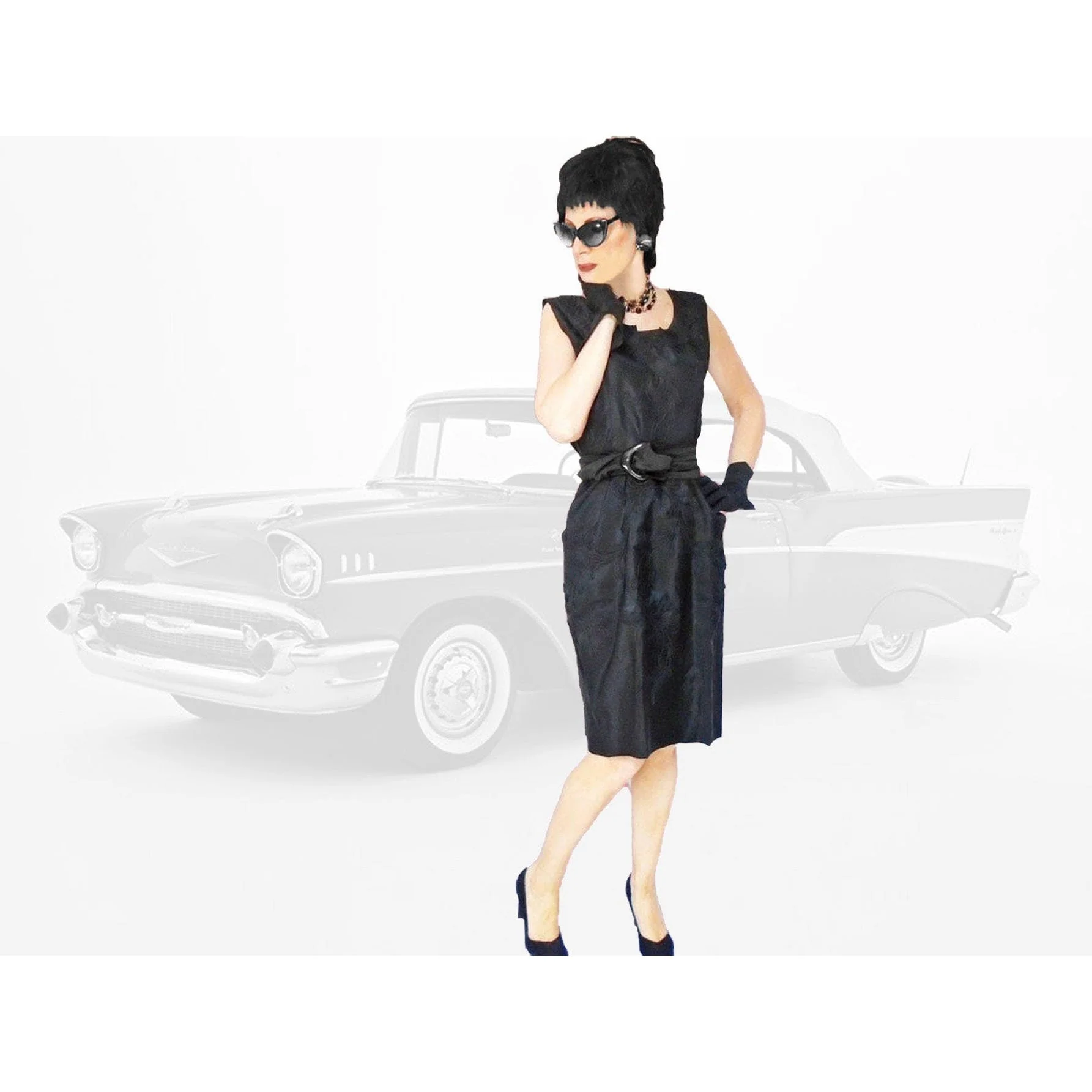 50s Black Taffeta Sheath Dress With Pockets, Swirls! By Polly Brief - Image 3