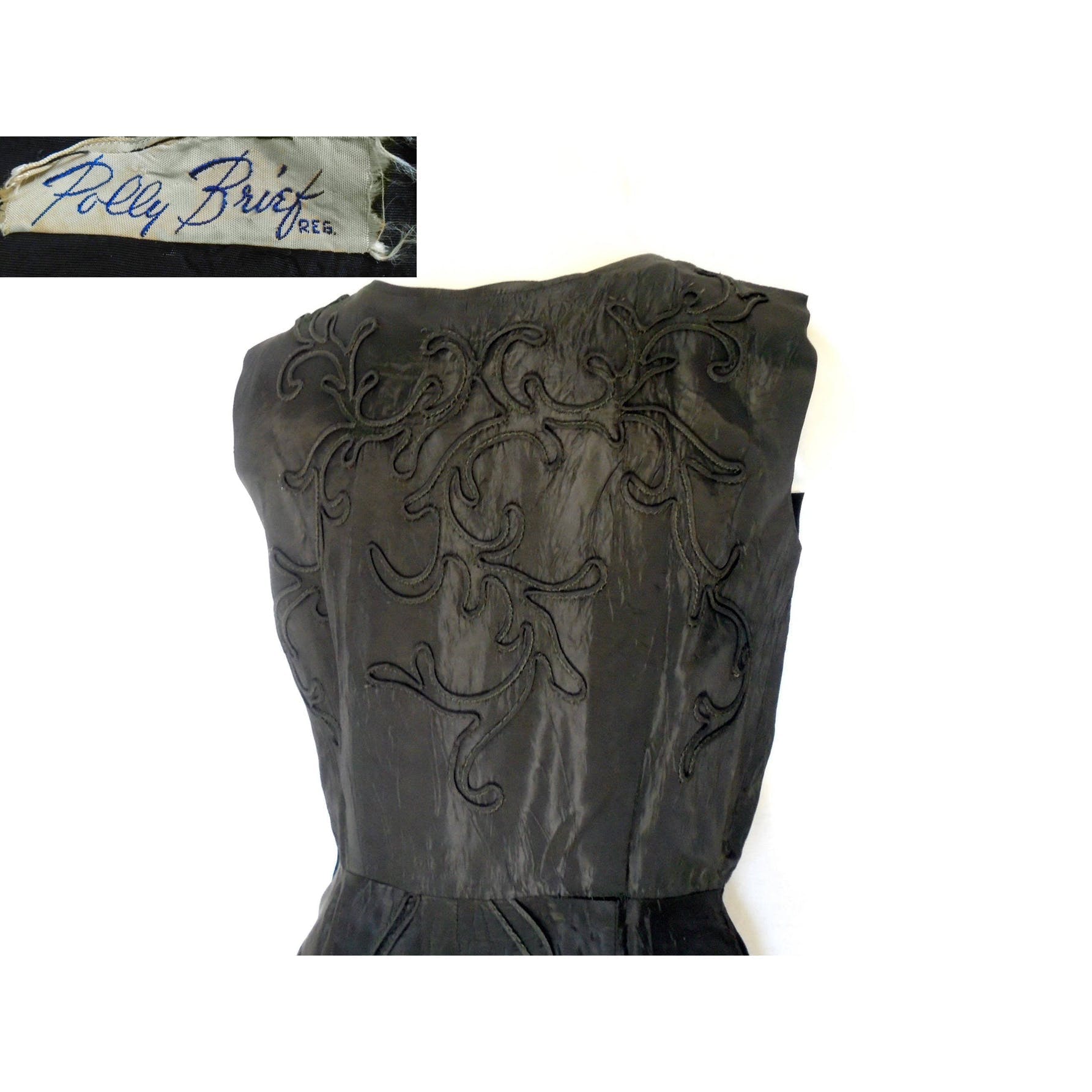 50s Black Taffeta Sheath Dress With Pockets, Swirls! By Polly Brief - Image 4
