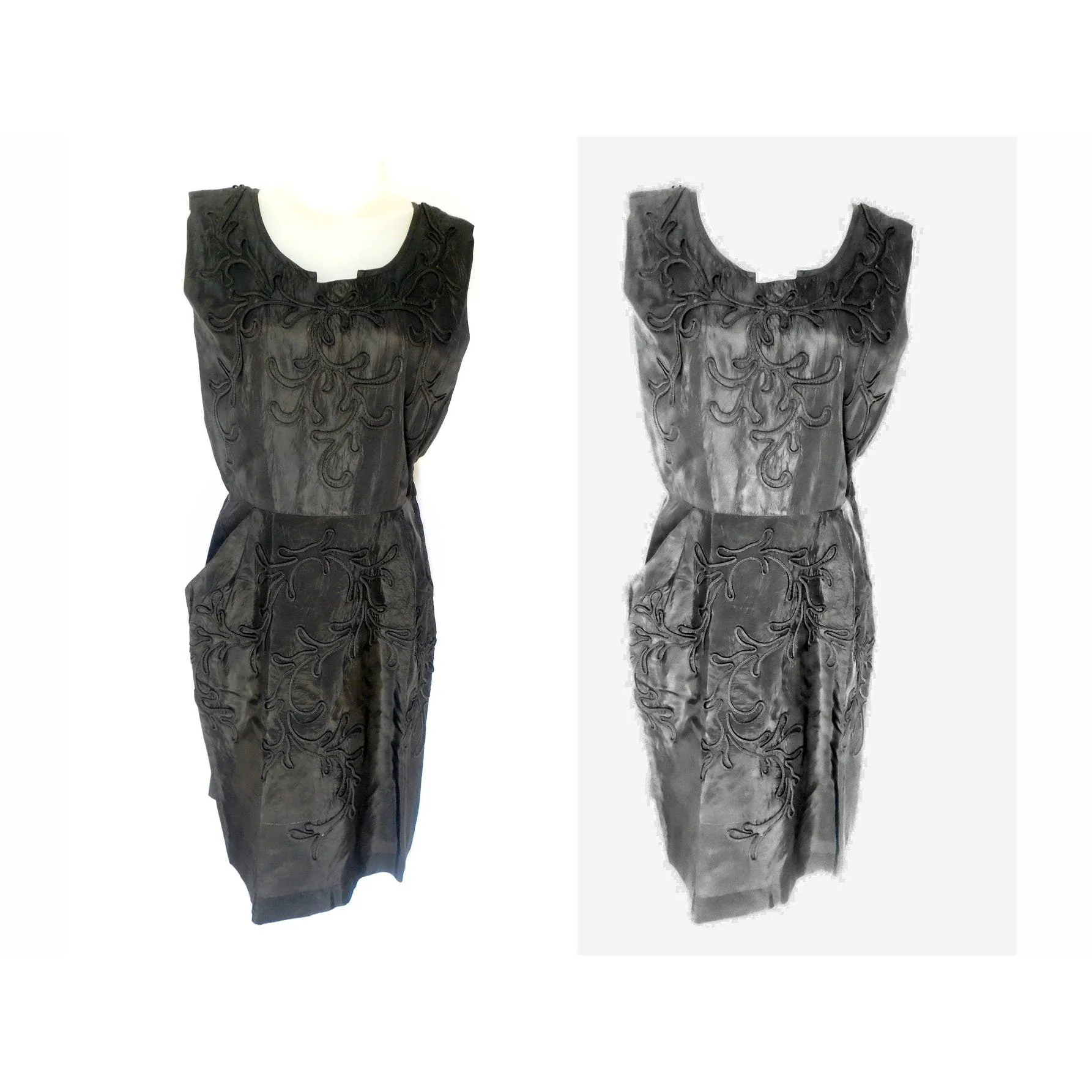 50s Black Taffeta Sheath Dress With Pockets, Swirls! By Polly Brief - Image 5