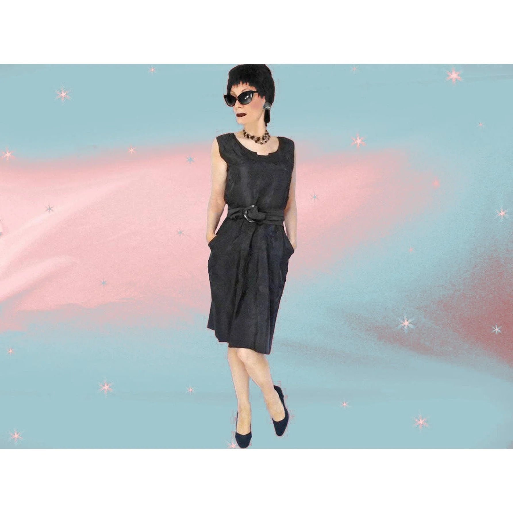 50s Black Taffeta Sheath Dress With Pockets, Swirls! By Polly Brief - Image 6