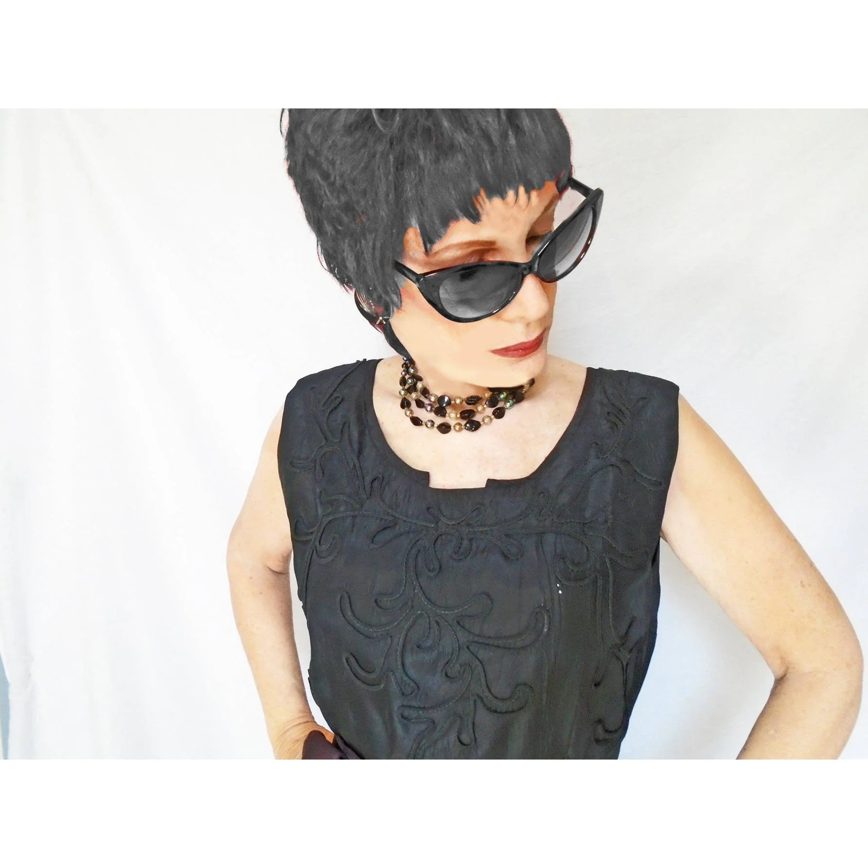 50s Black Taffeta Sheath Dress With Pockets, Swirls! By Polly Brief - Image 8