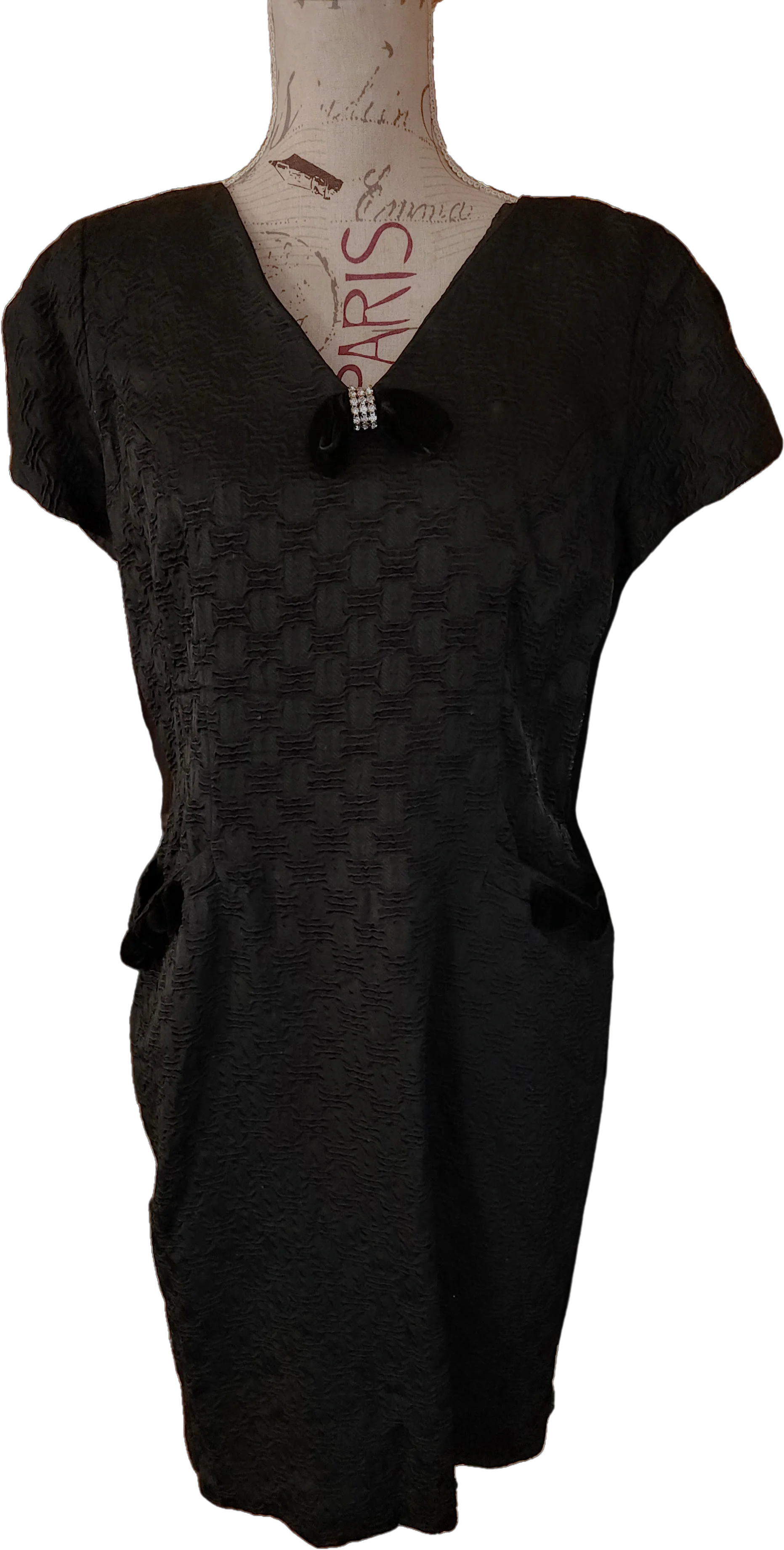 50s Black Textured Silk Cocktail Dress With Bow Detail