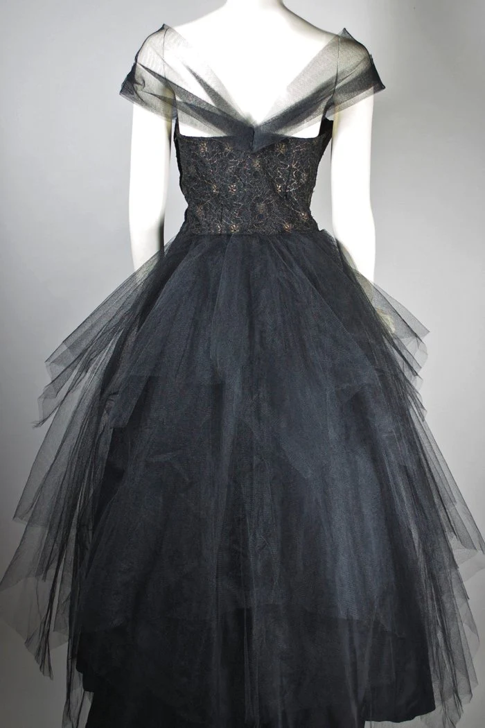 50s Black Tulle Lace Party Dress Gothic Evening Gown - Image 5