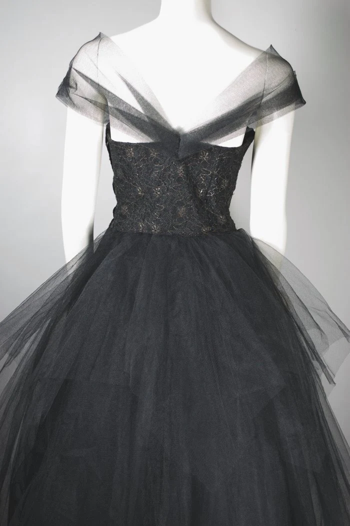 50s Black Tulle Lace Party Dress Gothic Evening Gown - Image 6