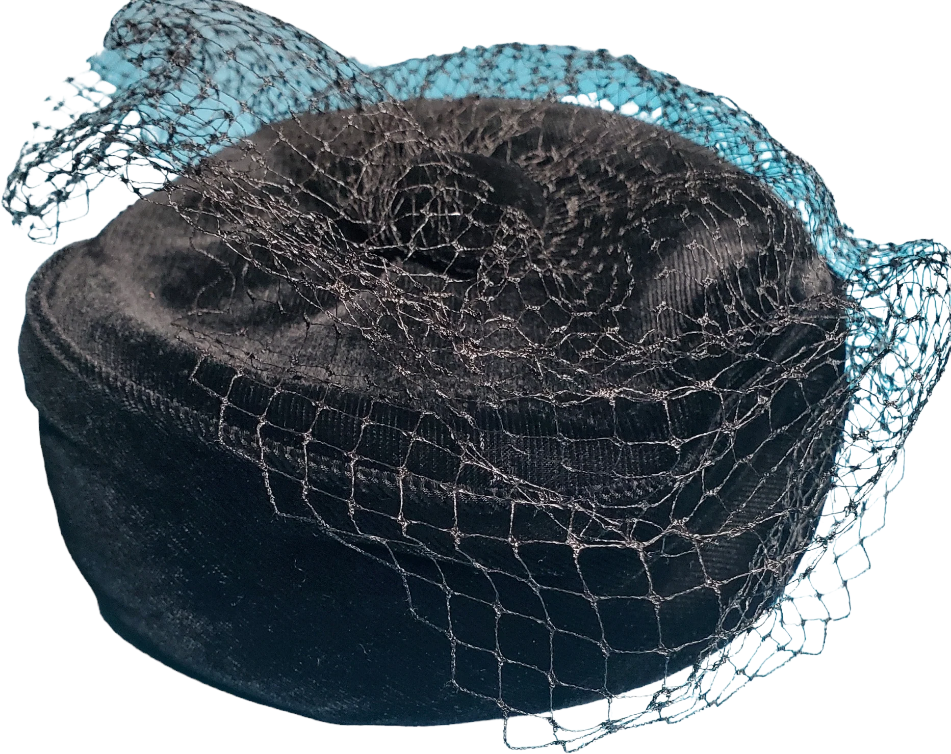 50s Black Velvet Mesh Netting Elegant Pillbox Hat