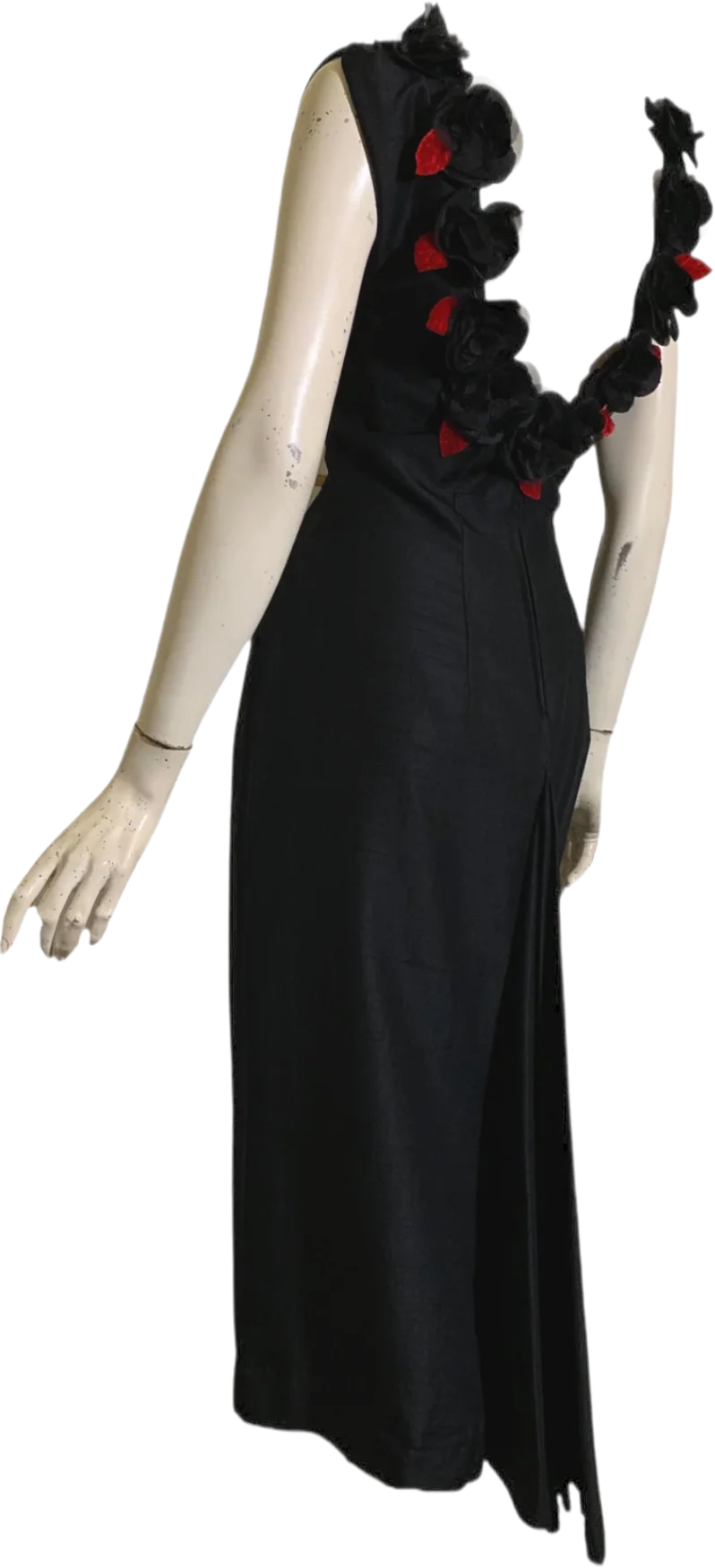 50s Black Velvet Rose Trimmed Low Back Party Dress - Image 2