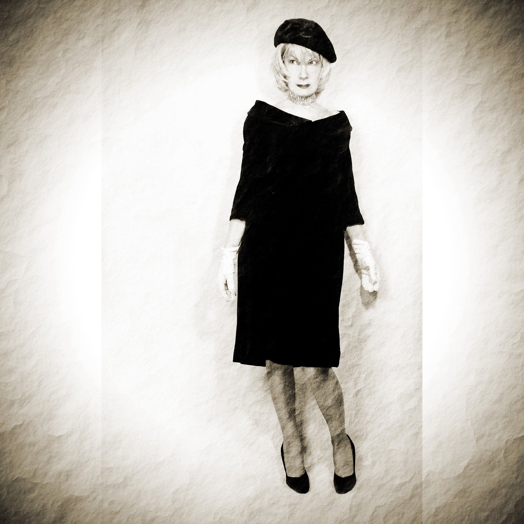 50s Black Velvet Wiggle Dress Off The Shoulder Sheath - Image 7