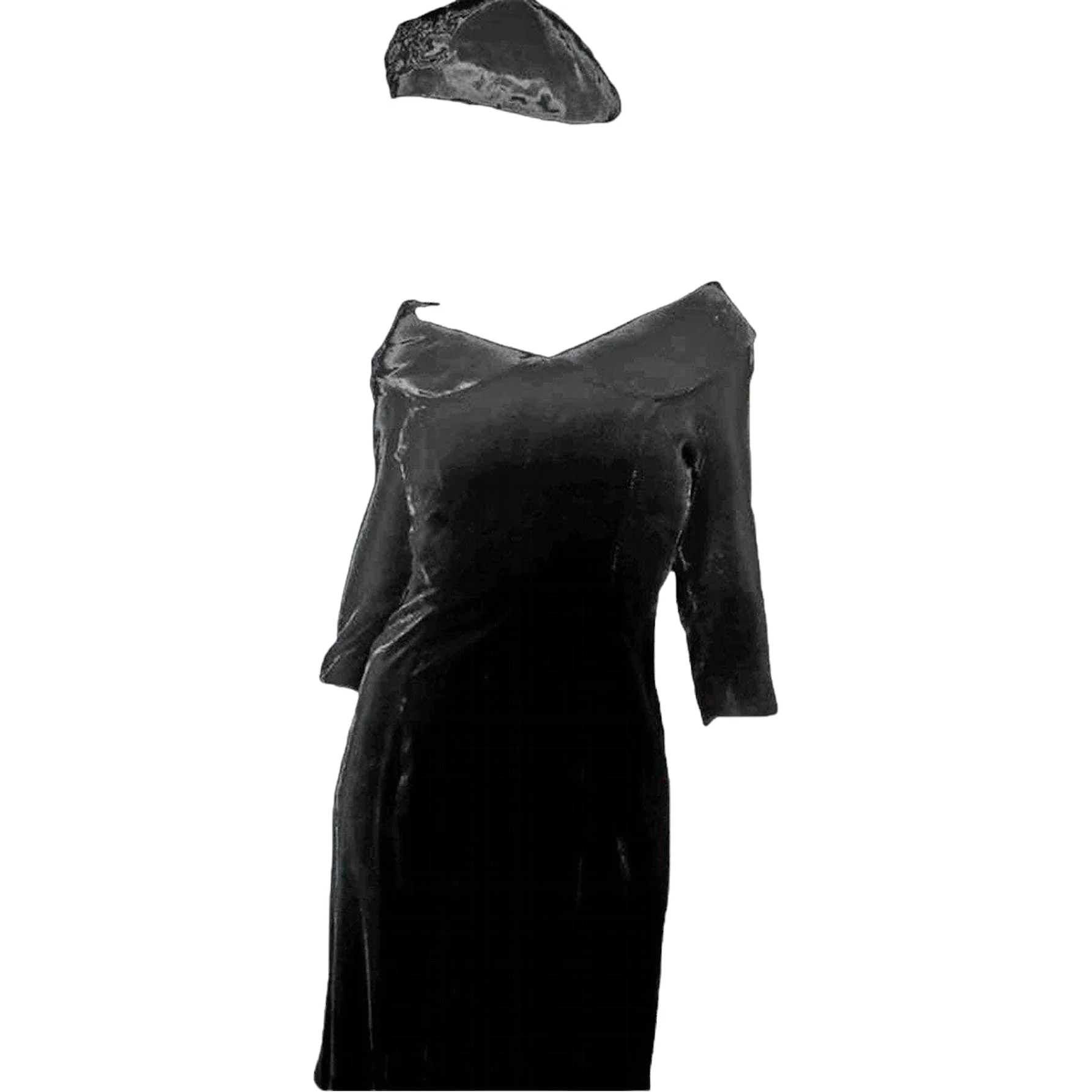 50s Black Velvet Wiggle Dress Off The Shoulder Sheath - Image 8