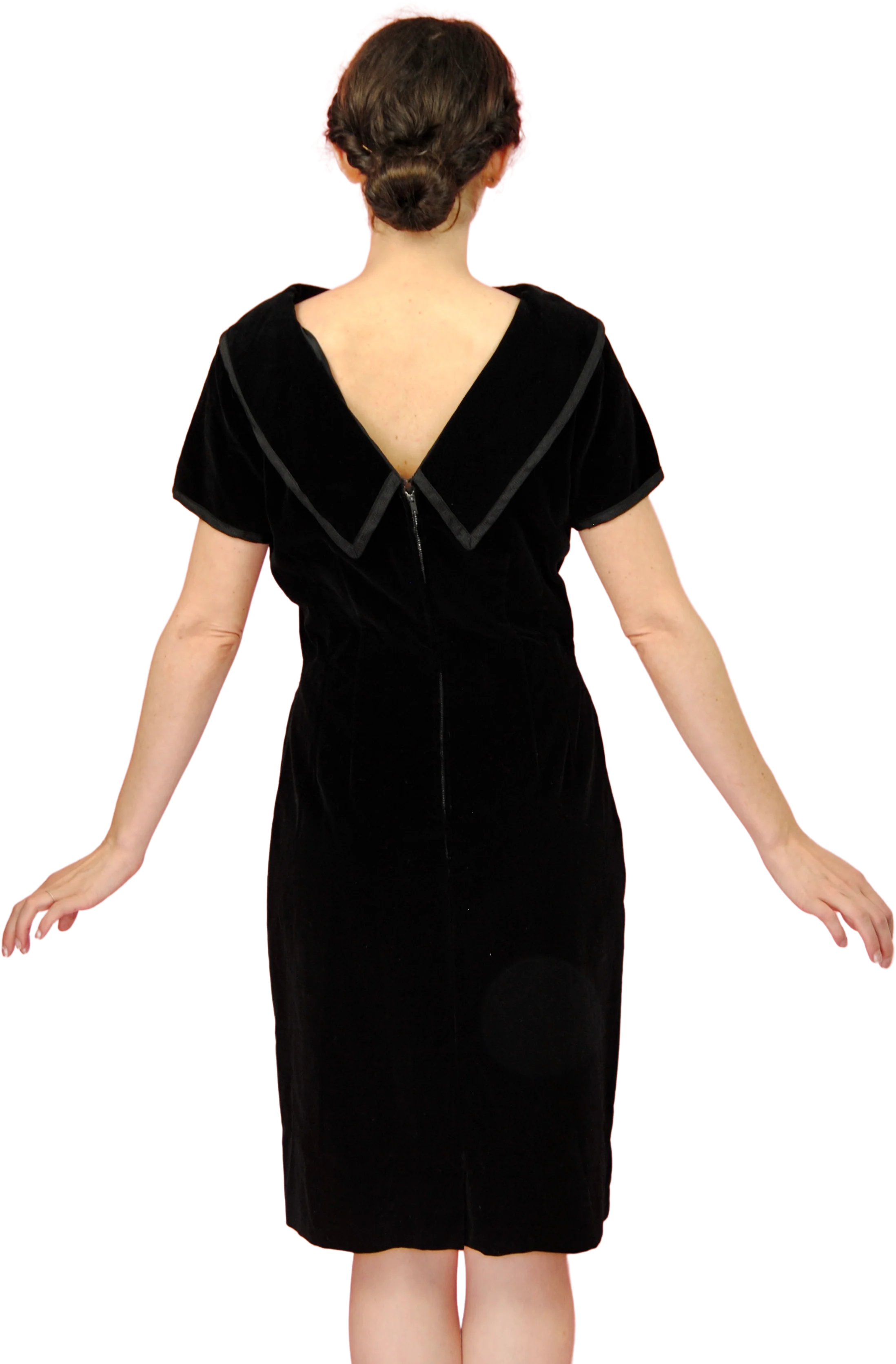 50s Black Velveteen Cocktail Holiday Dress With Trim By Gilden Juniors - Image 2