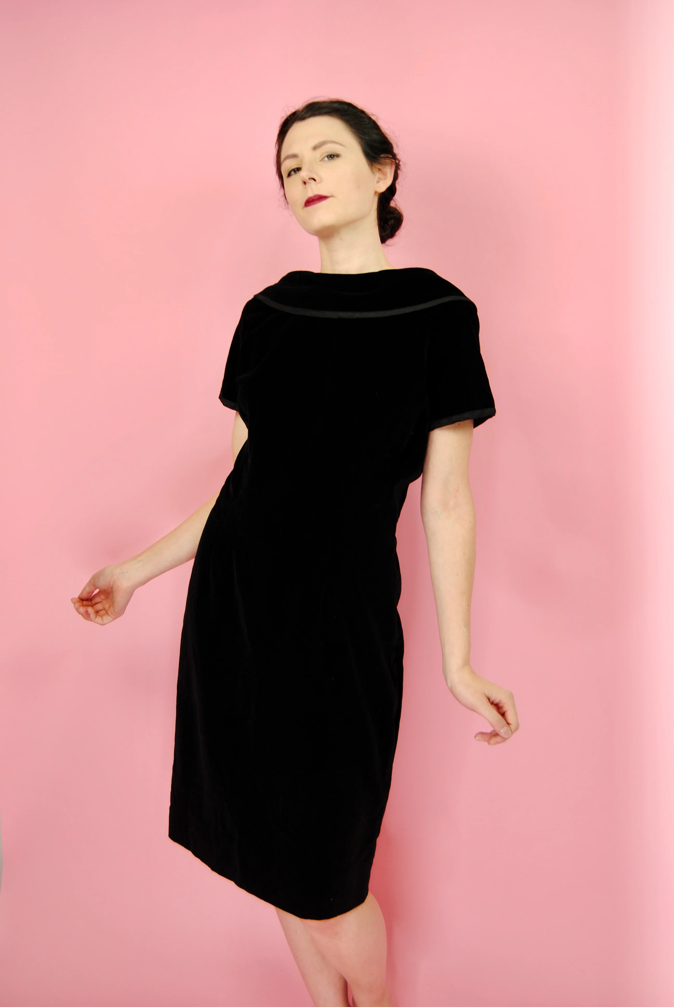 50s Black Velveteen Cocktail Holiday Dress With Trim By Gilden Juniors - Image 3