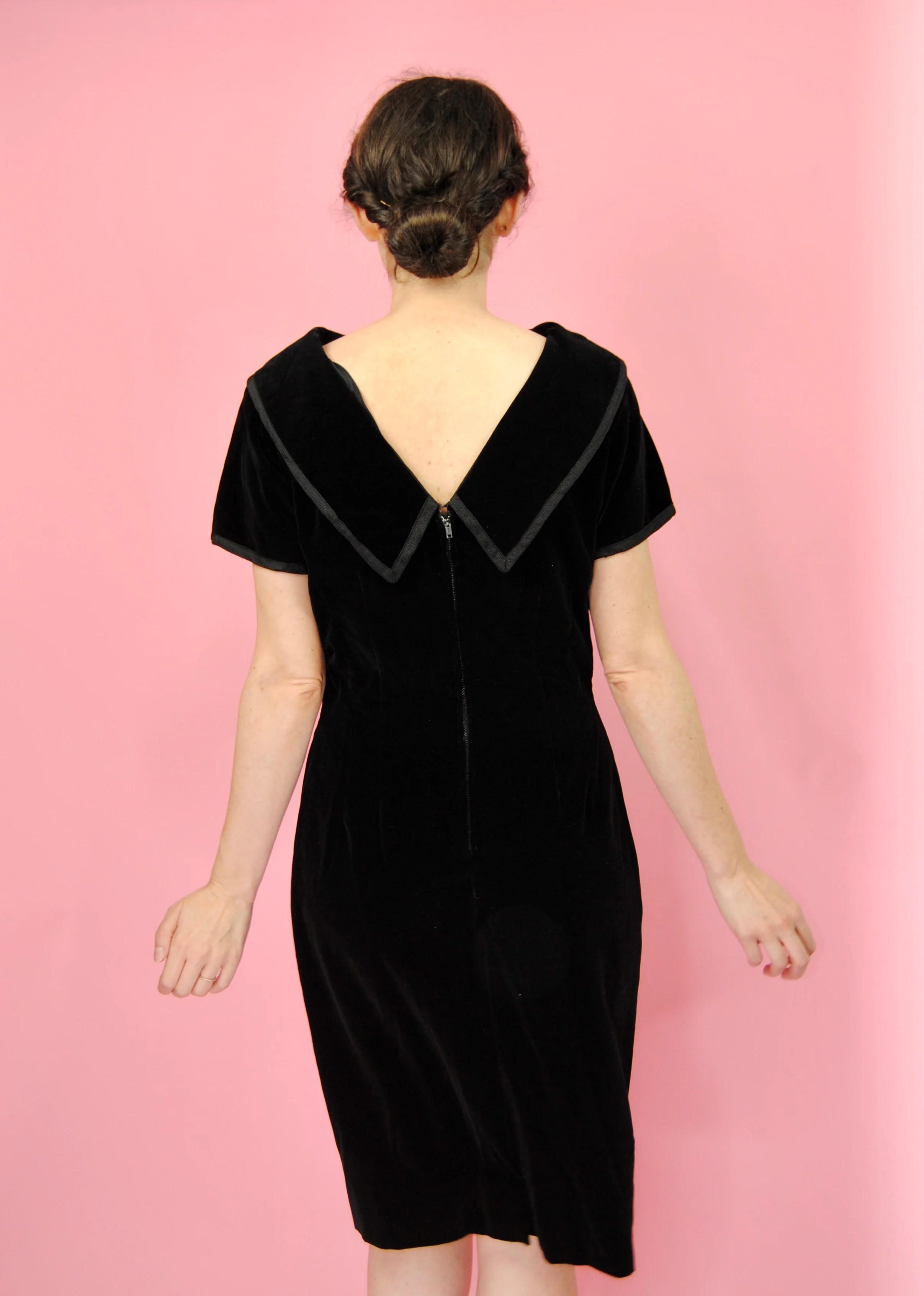 50s Black Velveteen Cocktail Holiday Dress With Trim By Gilden Juniors - Image 7