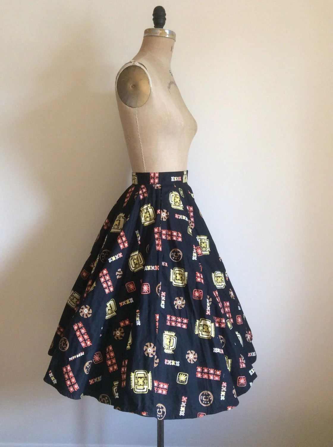 50's Black with Yellow and Orange Novelty Print Circle Skirt - Image 3
