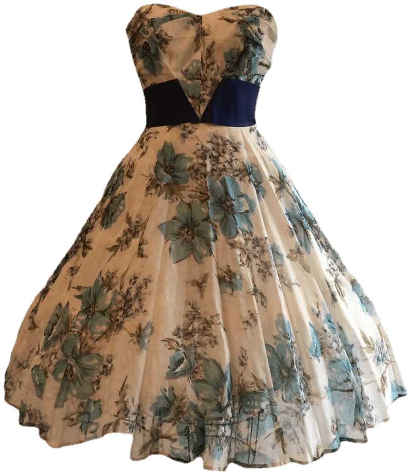50's Blue and White Floral Strapless Party Dress