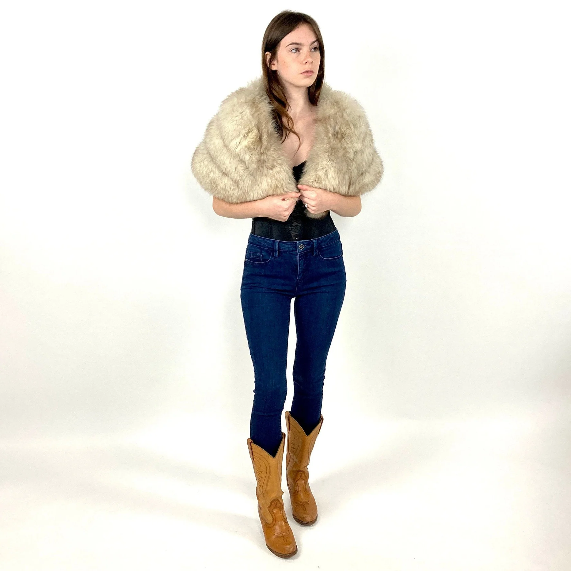 50s Blue Fox Fur Cape Artic Oversized Fox Fur Stole Plush Glam Wrap Jacket Striped Rocker Vintage Dress Fur Wedding Stroller - Image 5