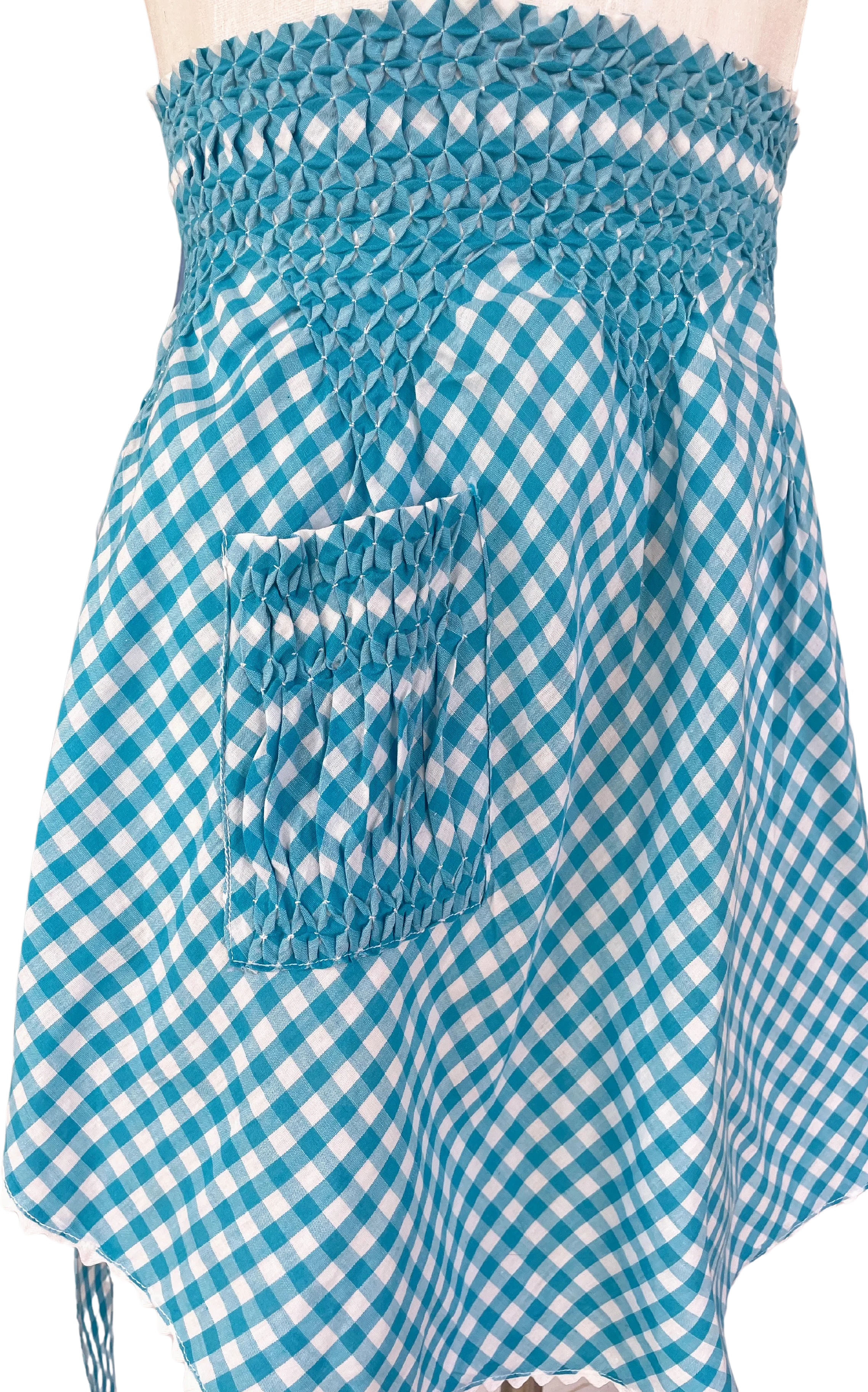 50s Blue Gingham Check Smocked Half Apron Farmhouse - Image 2