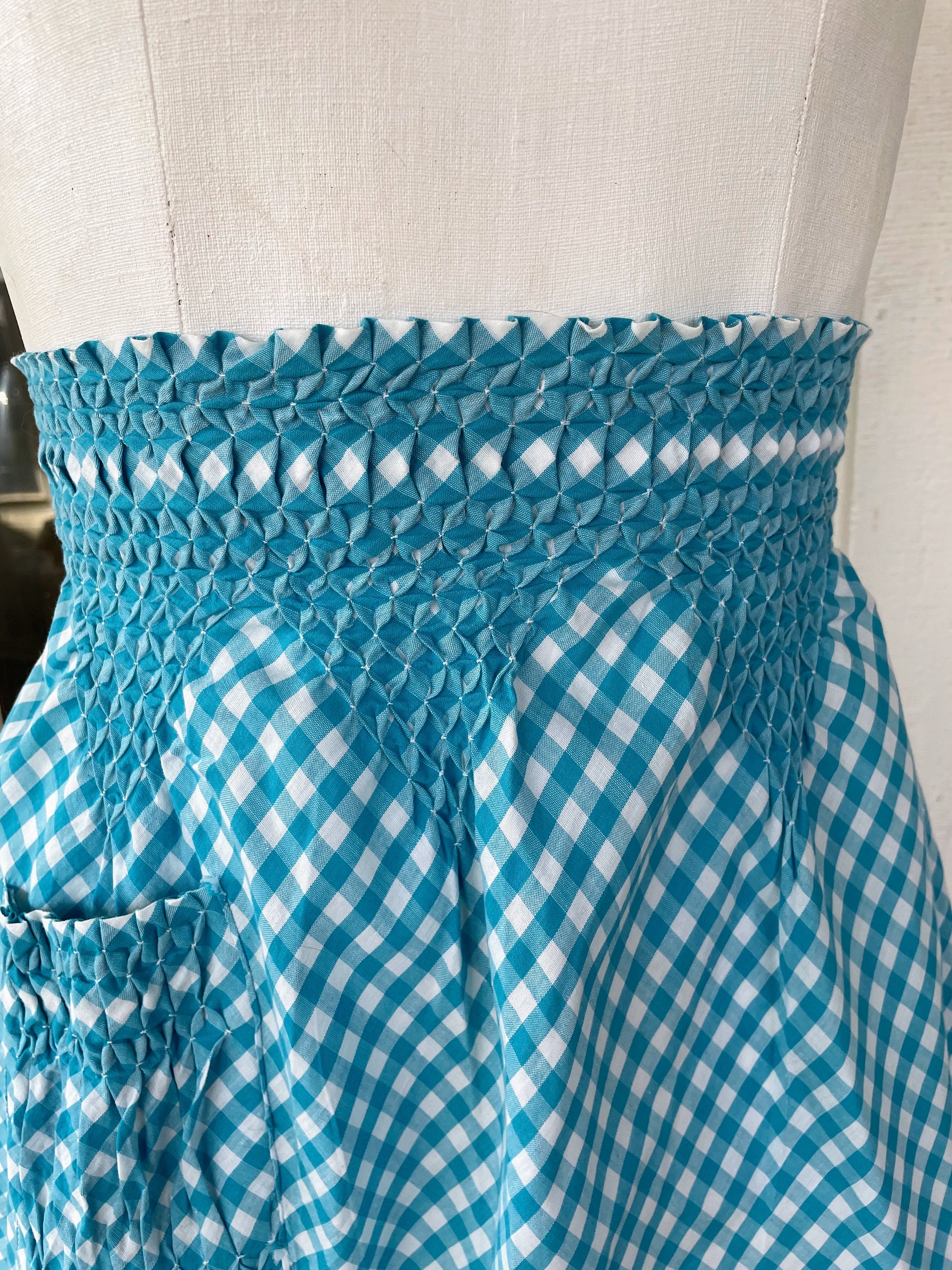 50s Blue Gingham Check Smocked Half Apron Farmhouse - Image 3