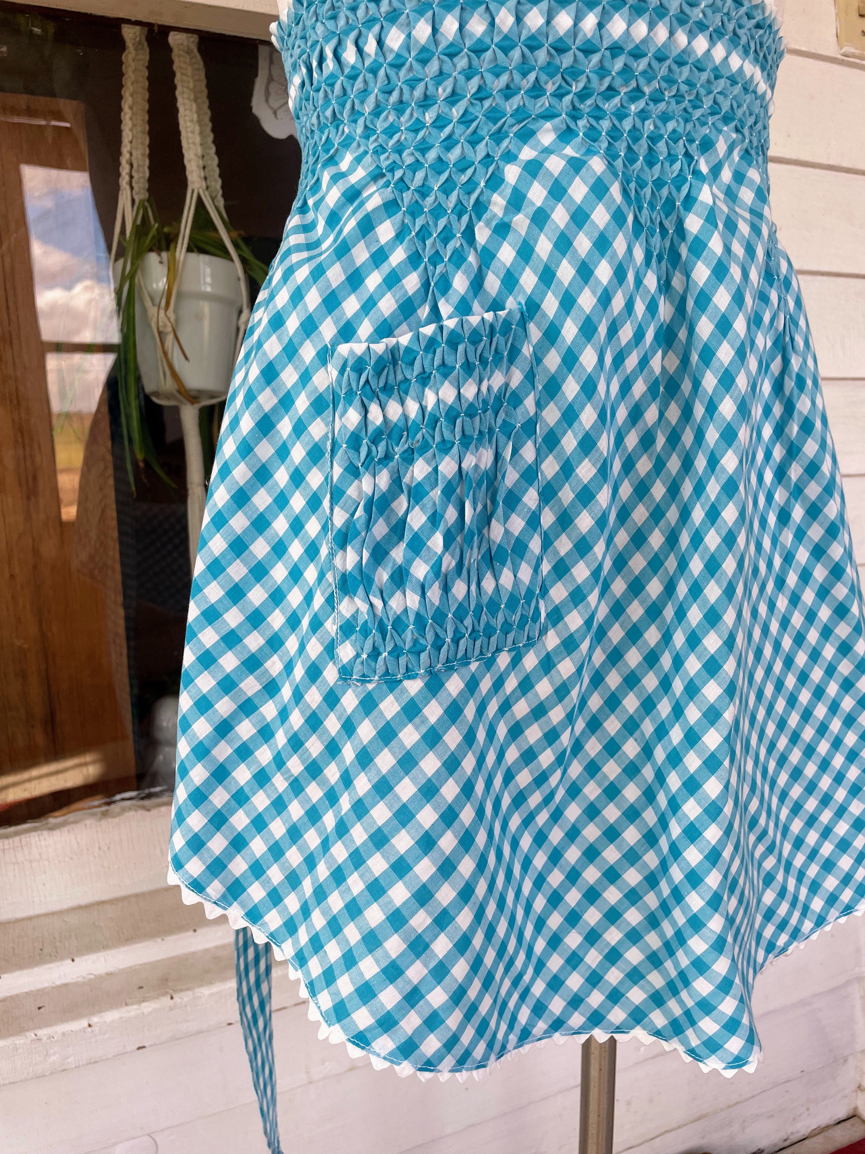 50s Blue Gingham Check Smocked Half Apron Farmhouse - Image 4
