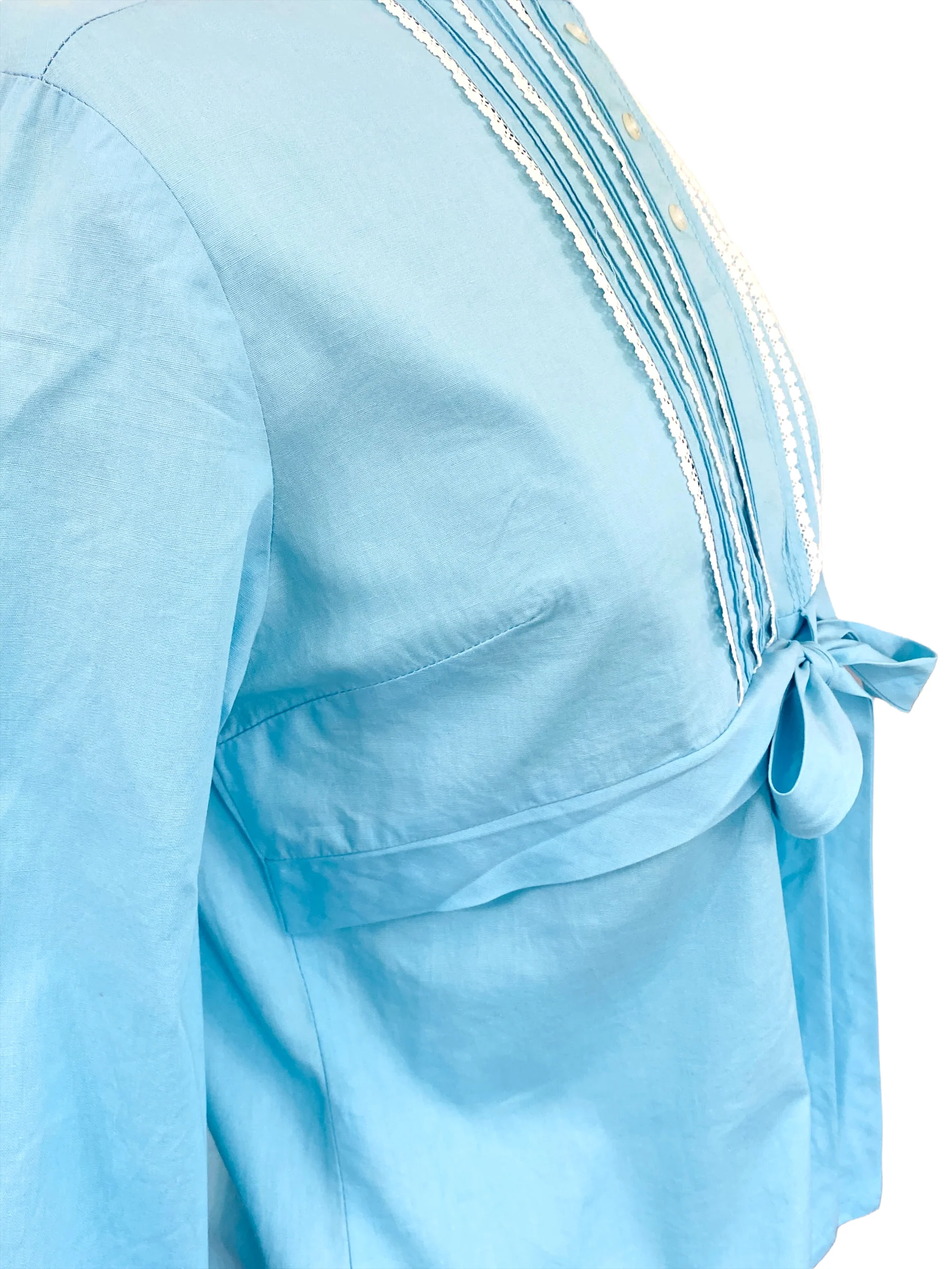 50s Blue Longsleeve Blouse Empire Waist Back Tie by EJ Korvette - Image 4