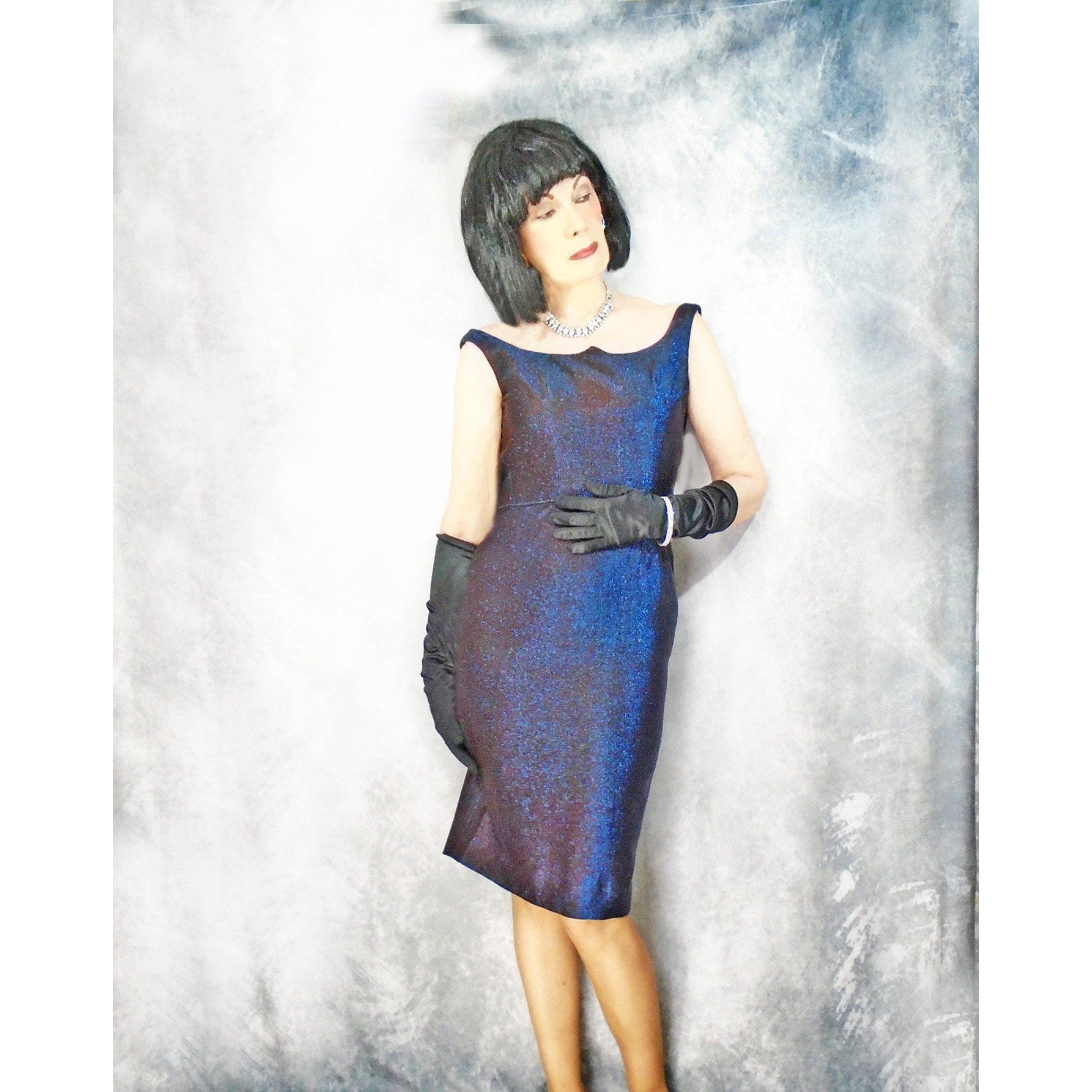 50s Blue Metallic Cocktail Dress Is Iridescent Bodycon - Image 5