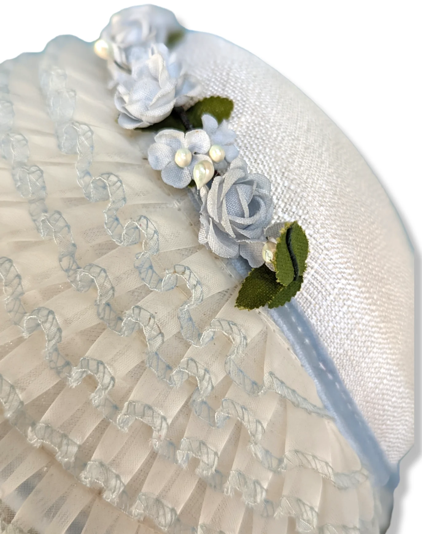 50s Bonnet Pillbox Hat with Ruffles and Blue Flowers with Velvet Ribbon by Cinderella - Image 2