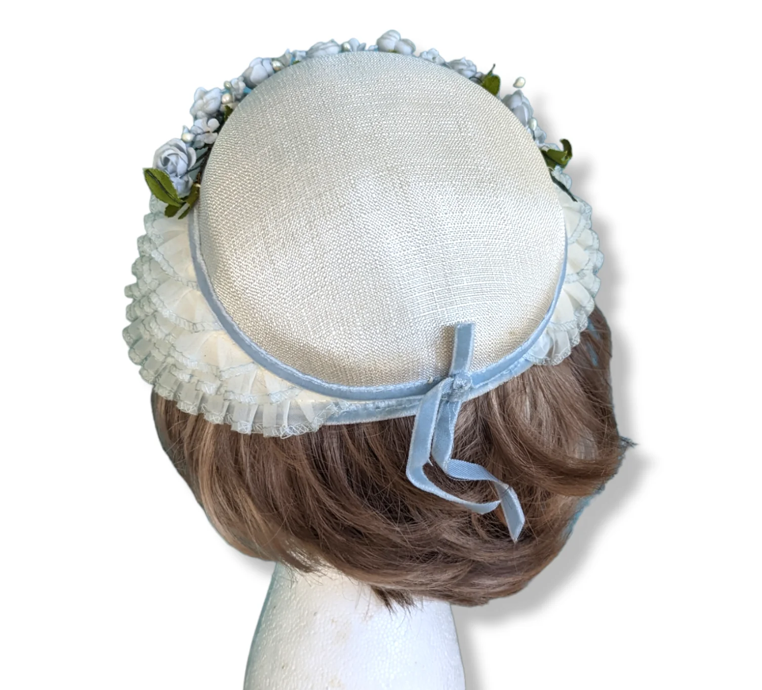 50s Bonnet Pillbox Hat with Ruffles and Blue Flowers with Velvet Ribbon by Cinderella - Image 3