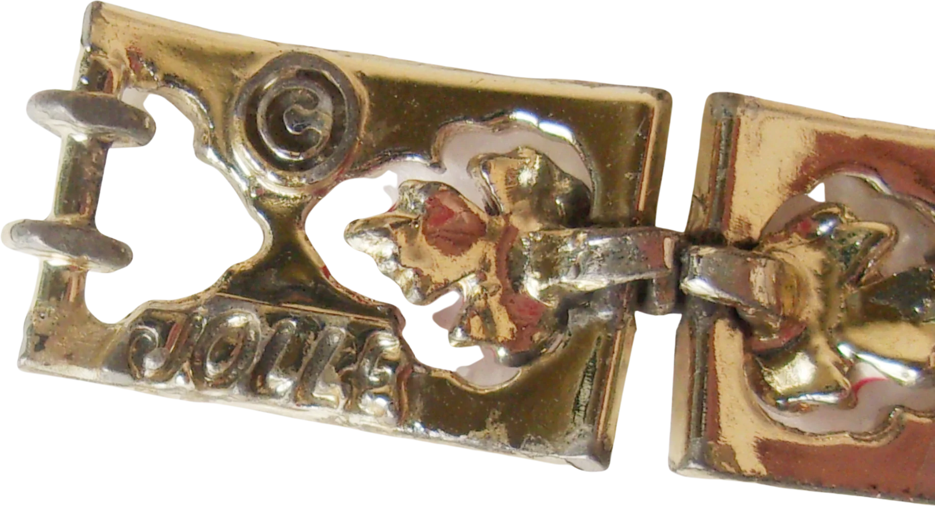 50s Bracelet Cutout Red Leaf White Enamel Links Signed By Jolle - Image 2