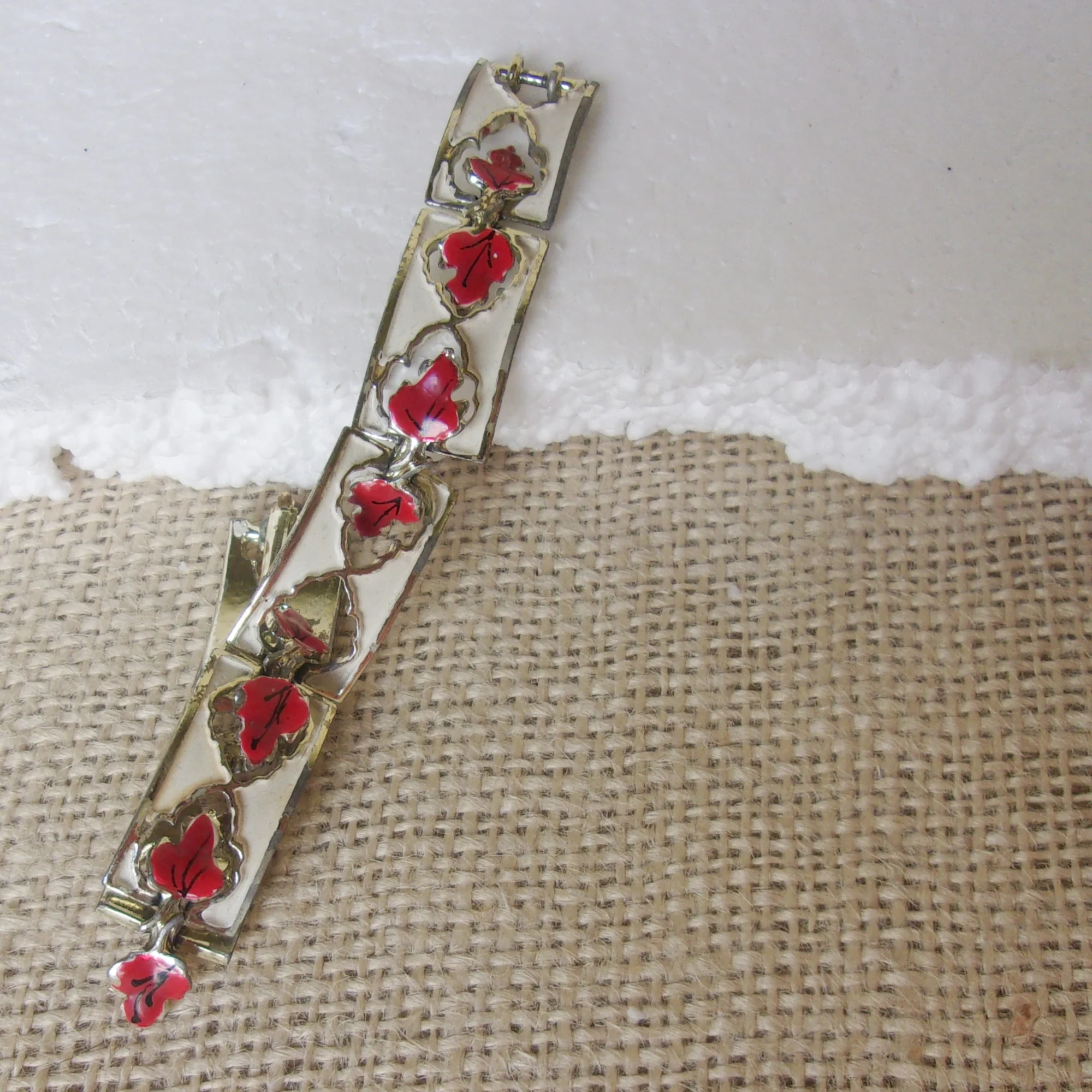 50s Bracelet Cutout Red Leaf White Enamel Links Signed By Jolle - Image 3